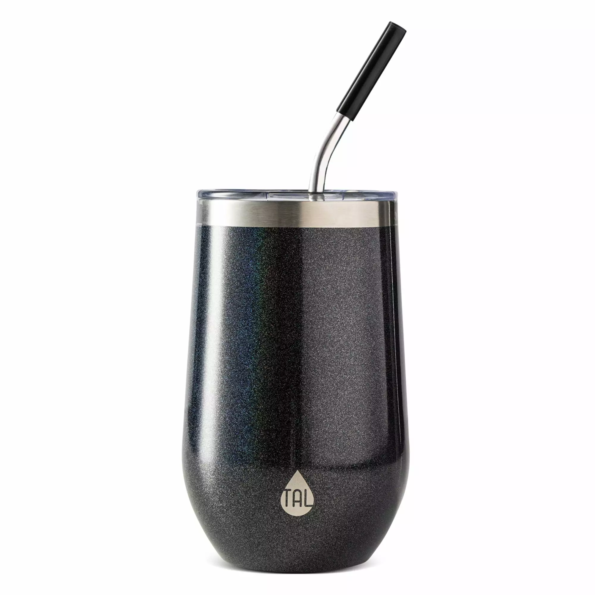 TAL Stainless Steel Wine Tumbler Straw 16oz Black Shimmer