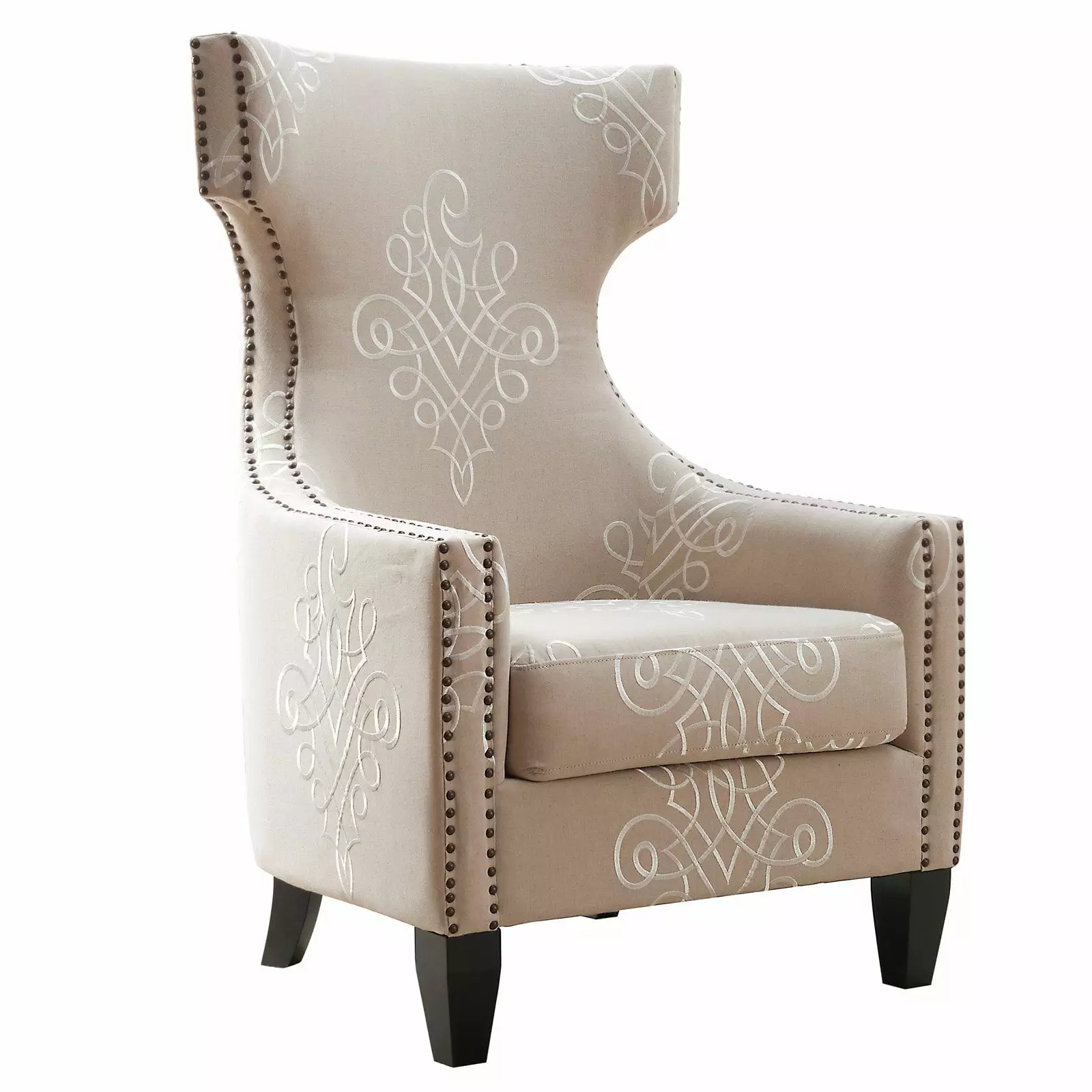 TOV Furniture Gramercy Embroidered Linen Wing Chair Beige - Elegant Living Room Accent Chair