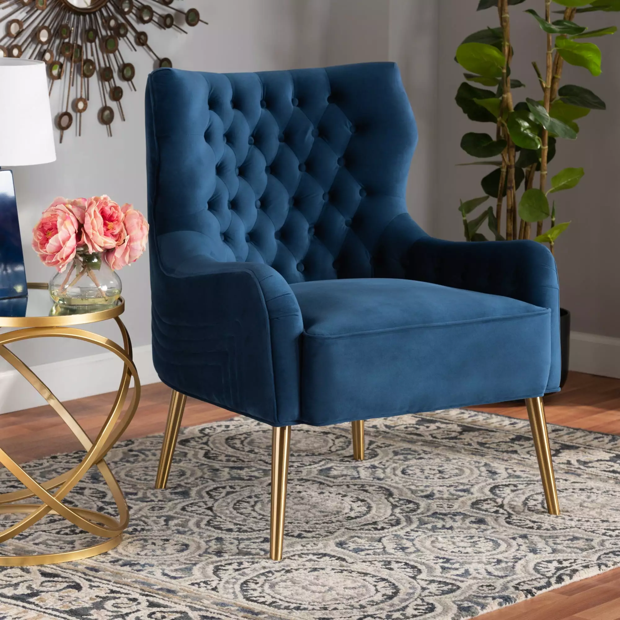 Baxton Studio Navy Blue and Gold Nelson Wingback Chair