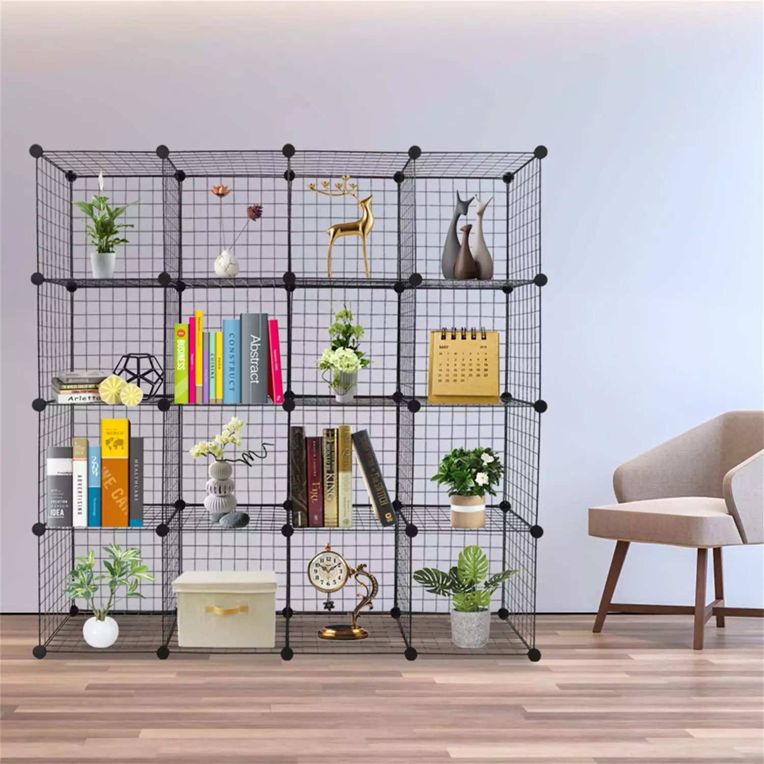 Kadyn 16-Cube Organizer Wire Cube Storage Metal Bookcase Living Room Black