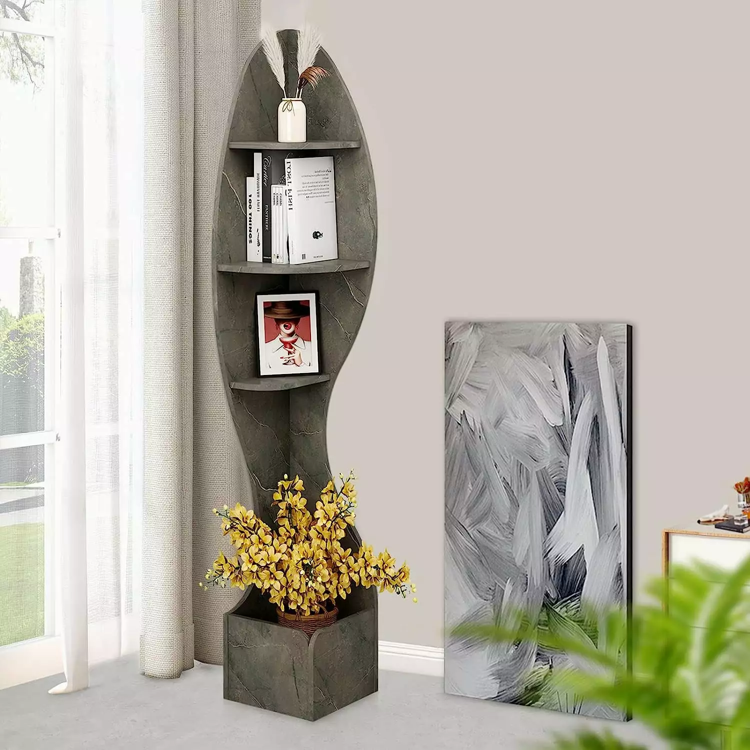 DONFU 71 Inch Tall Corner Bookshelf 4 Tier Wood Storage Rack Dark Grey