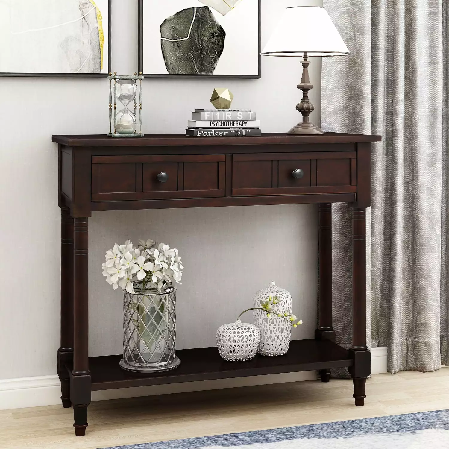 Espresso Solid Wood Console Table Traditional Design Two Drawers and Bottom Shelf Living Room Hallway Console INCLAKE