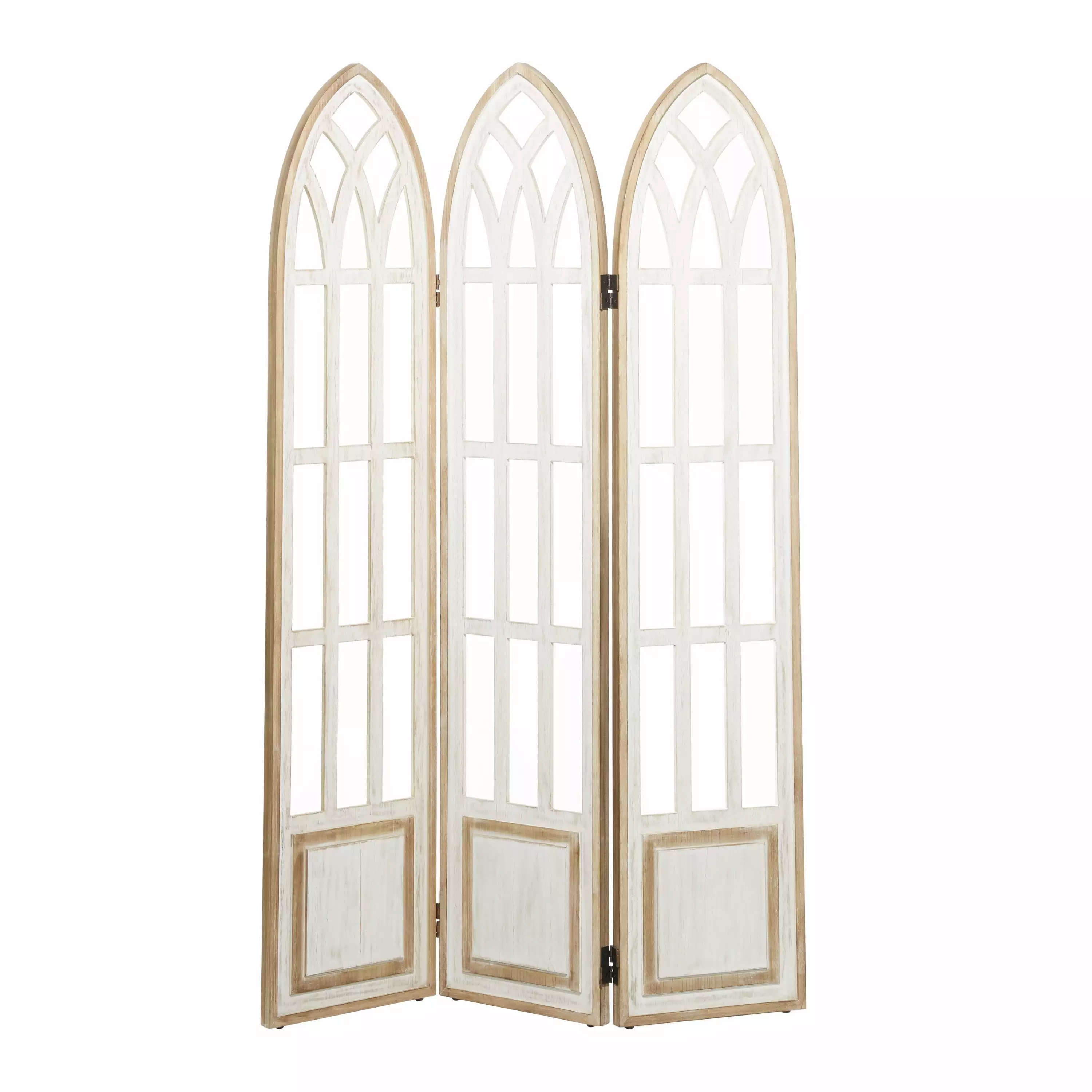DecMode 48x72 White Wood Arched Room Divider Window Pane Details - 3 Panel Screen