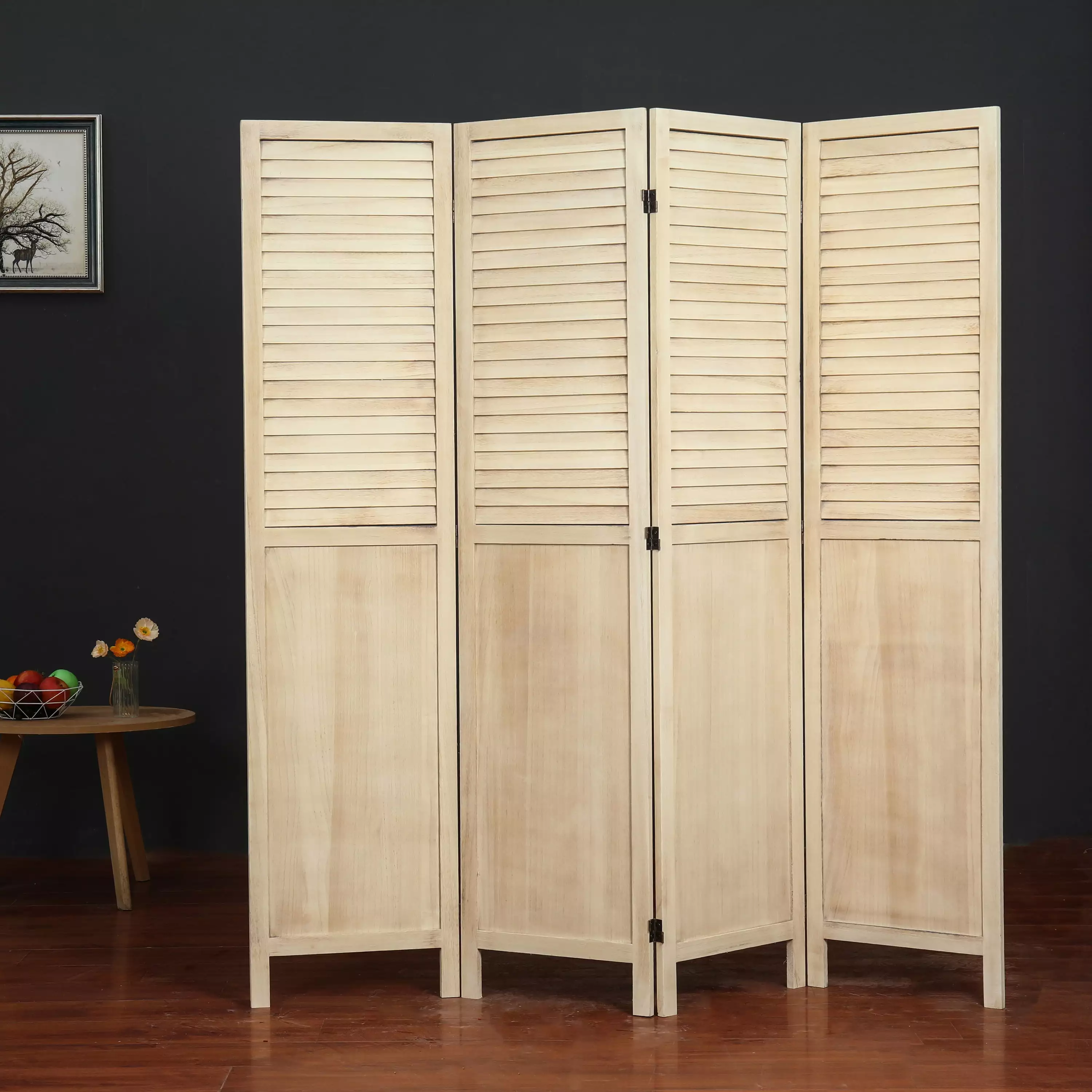 Natural 4 Panel Room Divider Window Shutter Style - Freestanding Folding Screen Milton Greens Stars