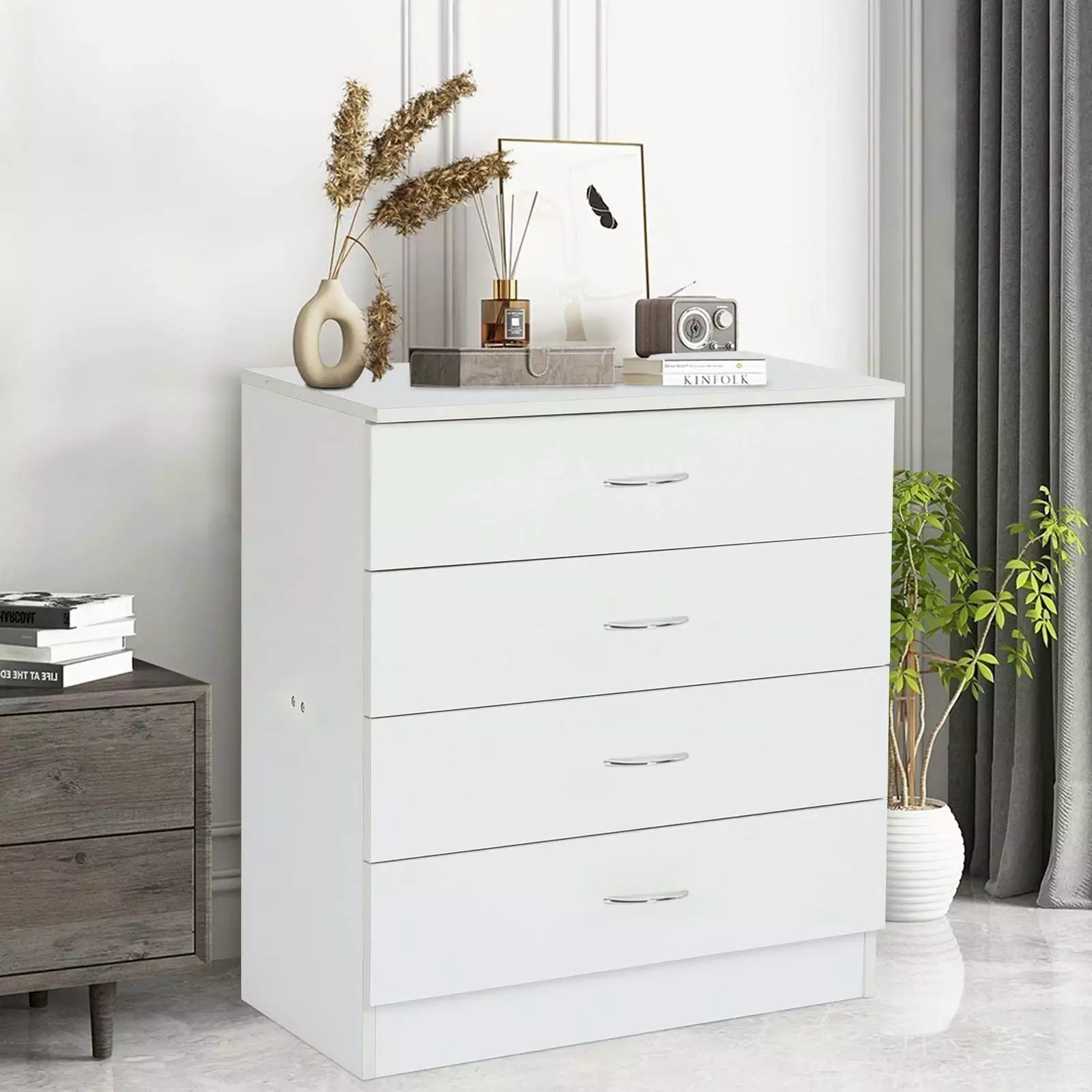 Bedroom Storage Dresser 4 Drawers and Cabinet - Wood Furniture Chest Home Organization NOBRAND