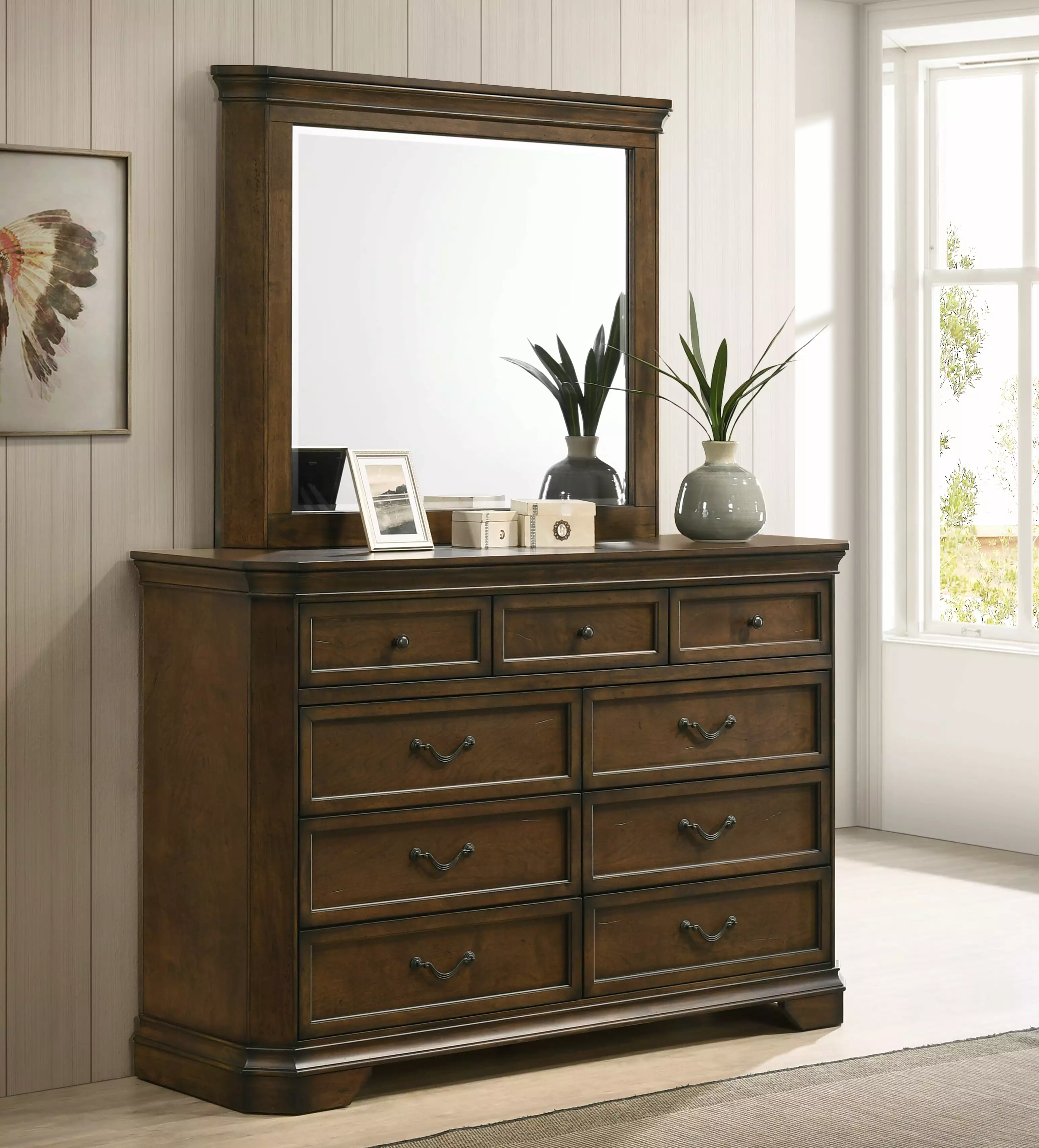 Maderne Traditional Wood 9-Drawer Dresser Mirror Antique Walnut Finish Roundhill Furniture