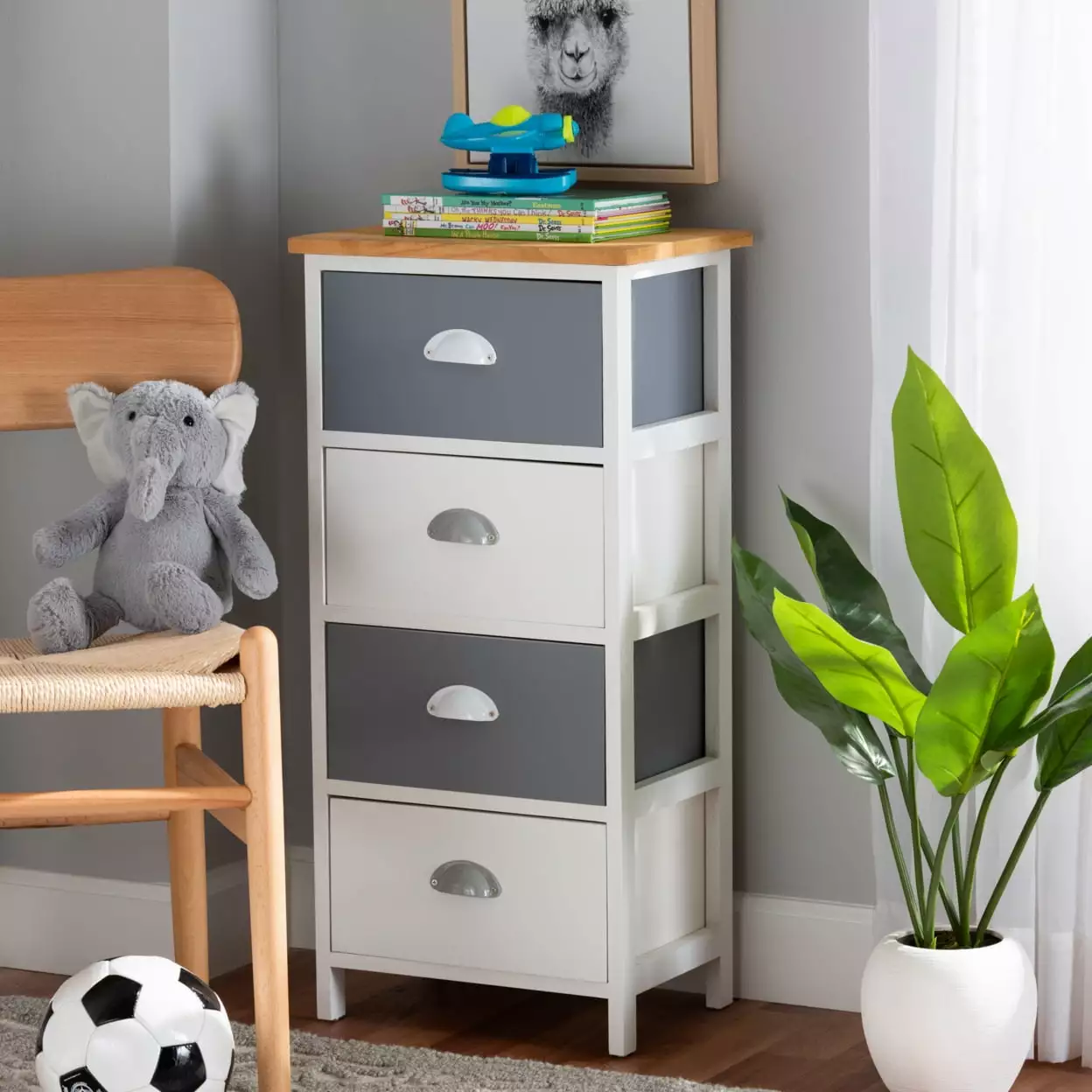 Baxton Studio Calandra Modern Contemporary Oak Brown Multi-Colored Wood 4-Drawer Storage Unit Wholesale Wholesale Interiors