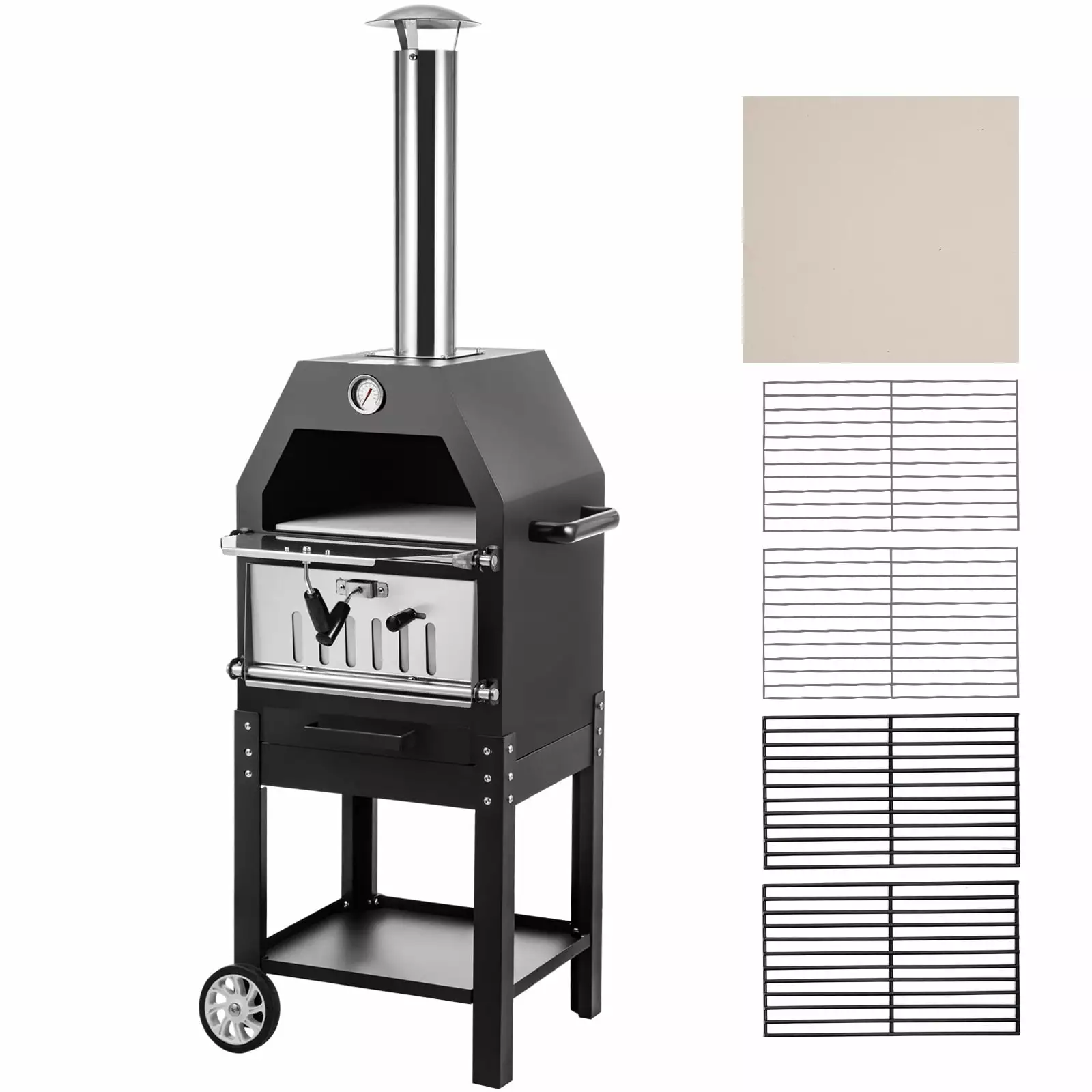 SKYSHALO Outdoor Pizza Oven 12 Inch Wood Fired 2 Layers and Removable Wheels