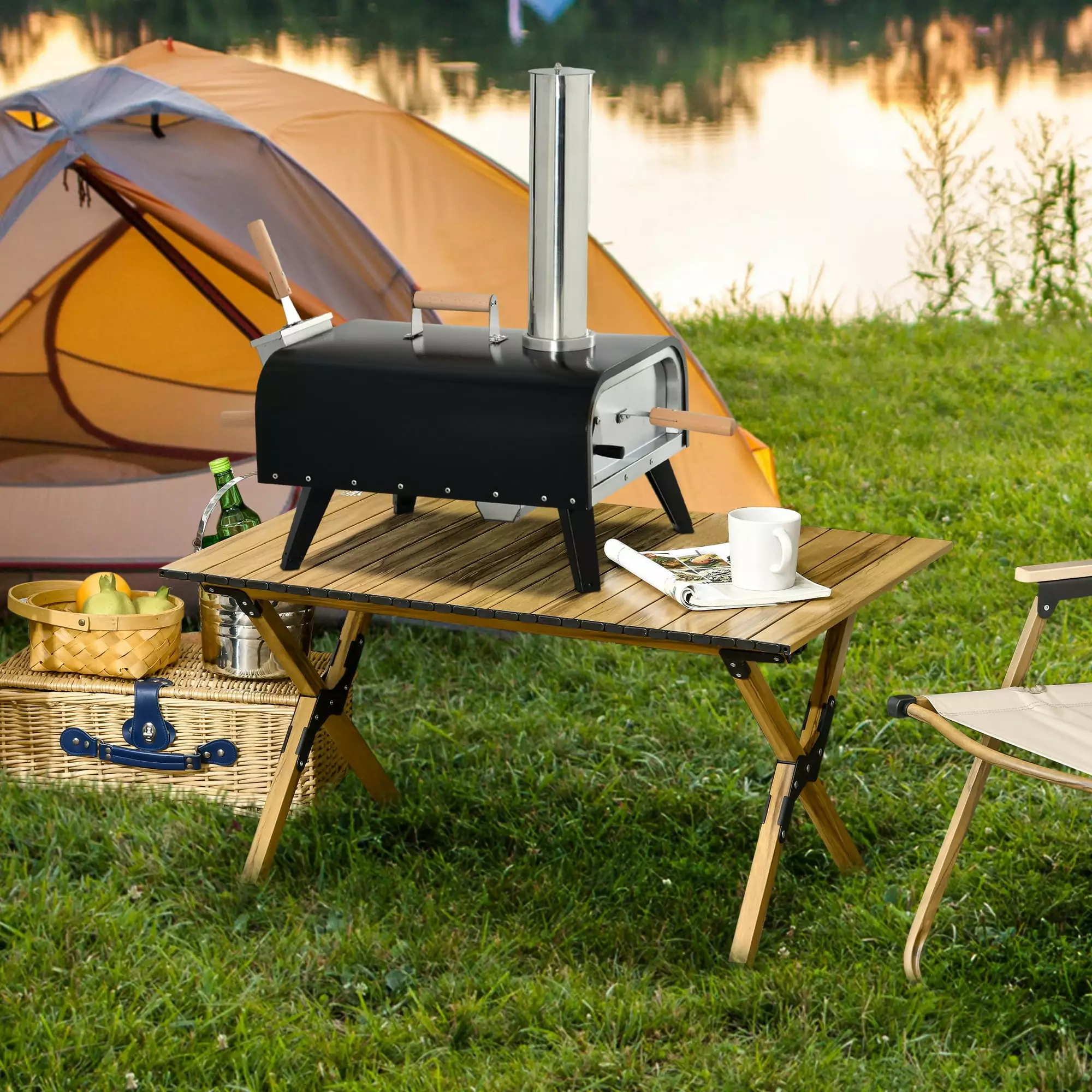 Outsunny Outdoor Wood Fired Pizza Oven Rotating Stone 12 Inch Pizza Maker