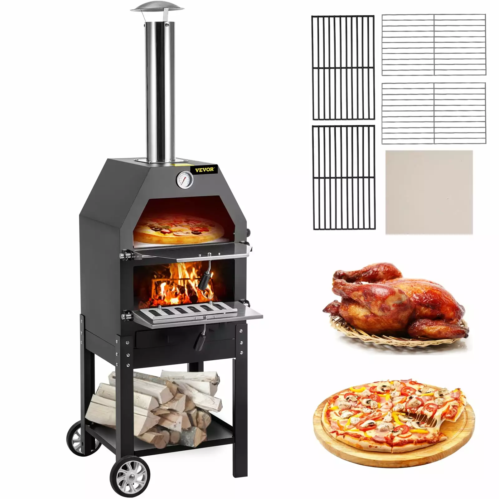 VEVOR Outdoor 12 Wood Fire Pizza Oven 2 Removable Wheels and 2-Layer Cooking