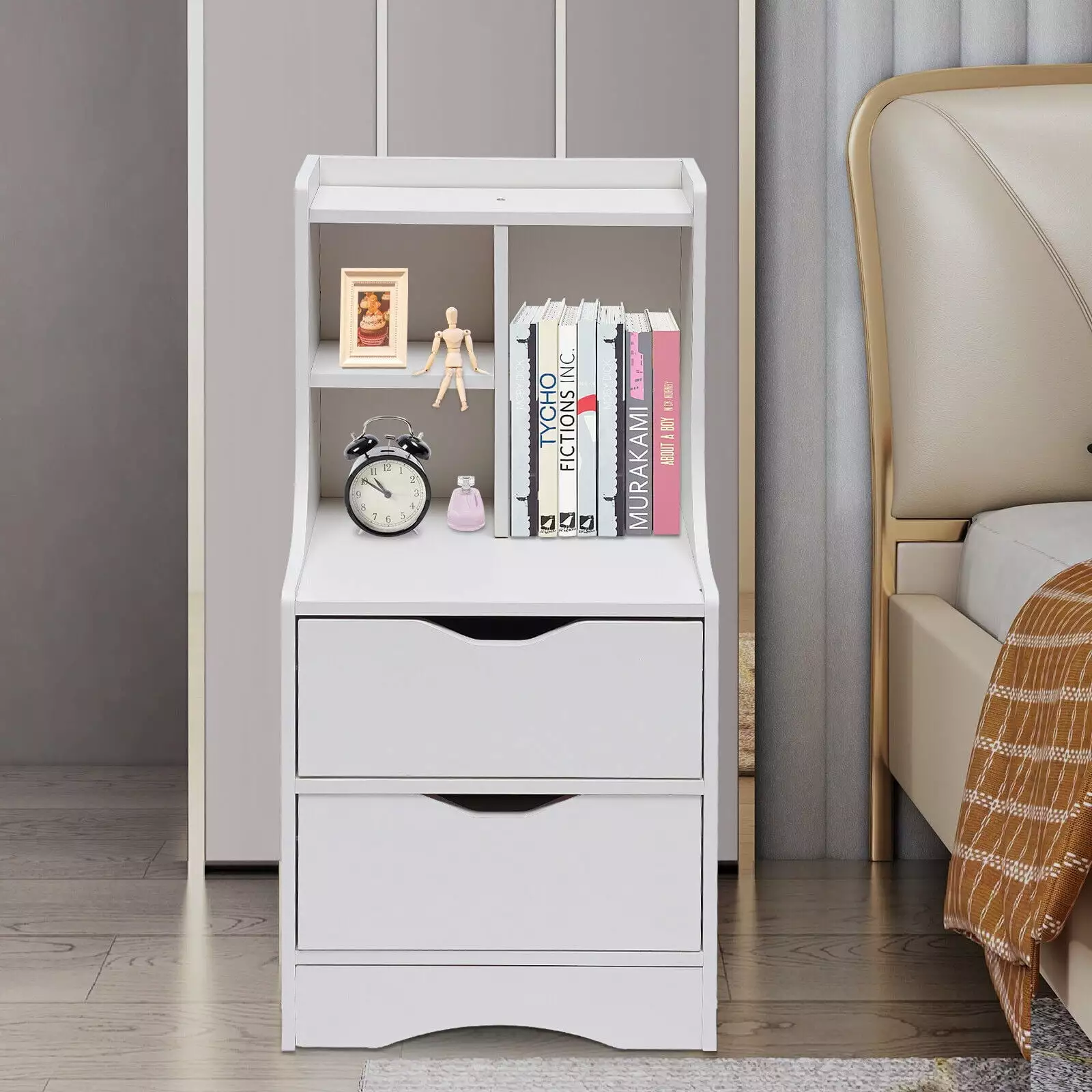 Denest Bedroom Wood End Table Storage Shelf 2 Drawer Nightstand Side Table Cabinet