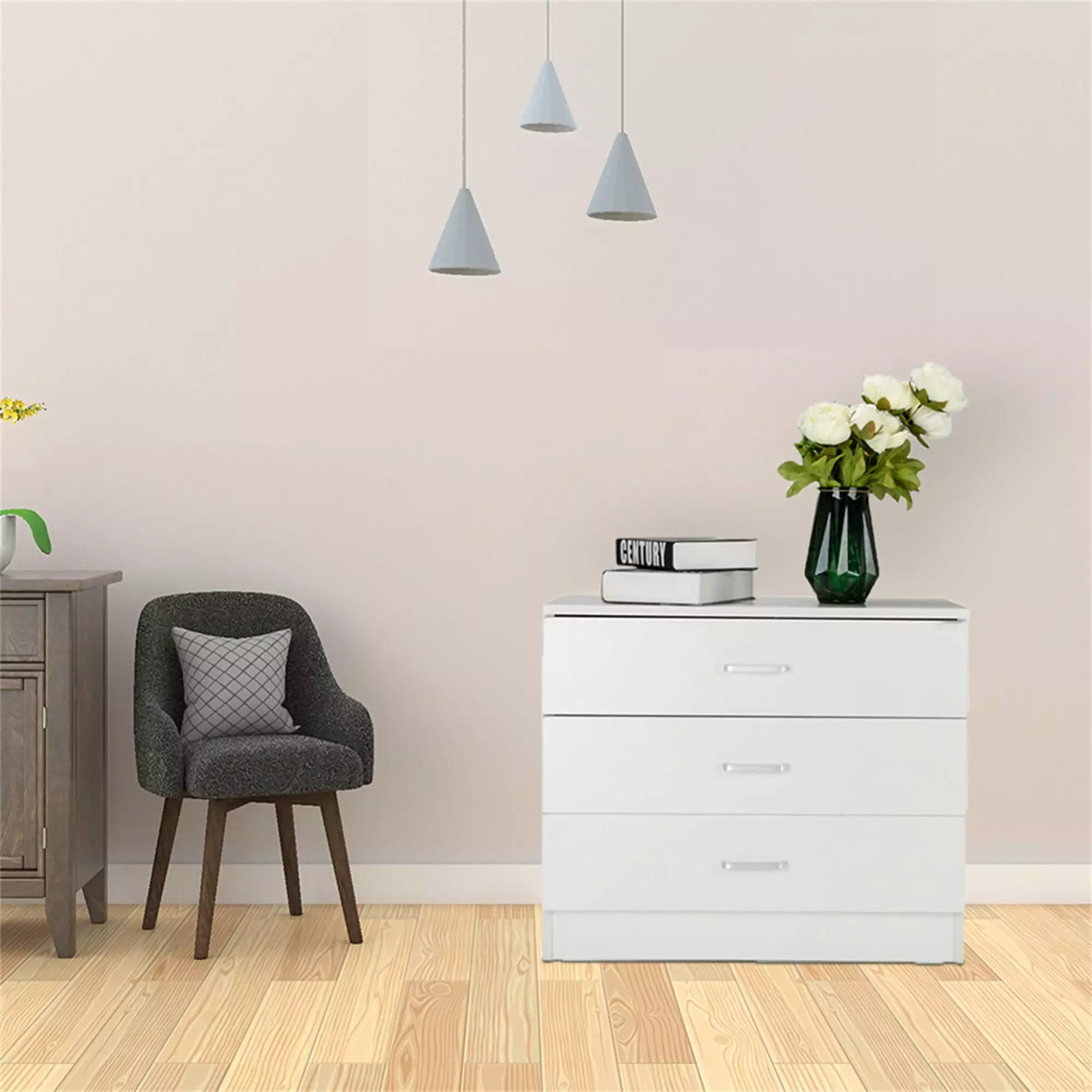 Kepooman Small Nightstand 3 Drawer Dresser Solid Wood Side Table Modern Storage Chest Bedroom