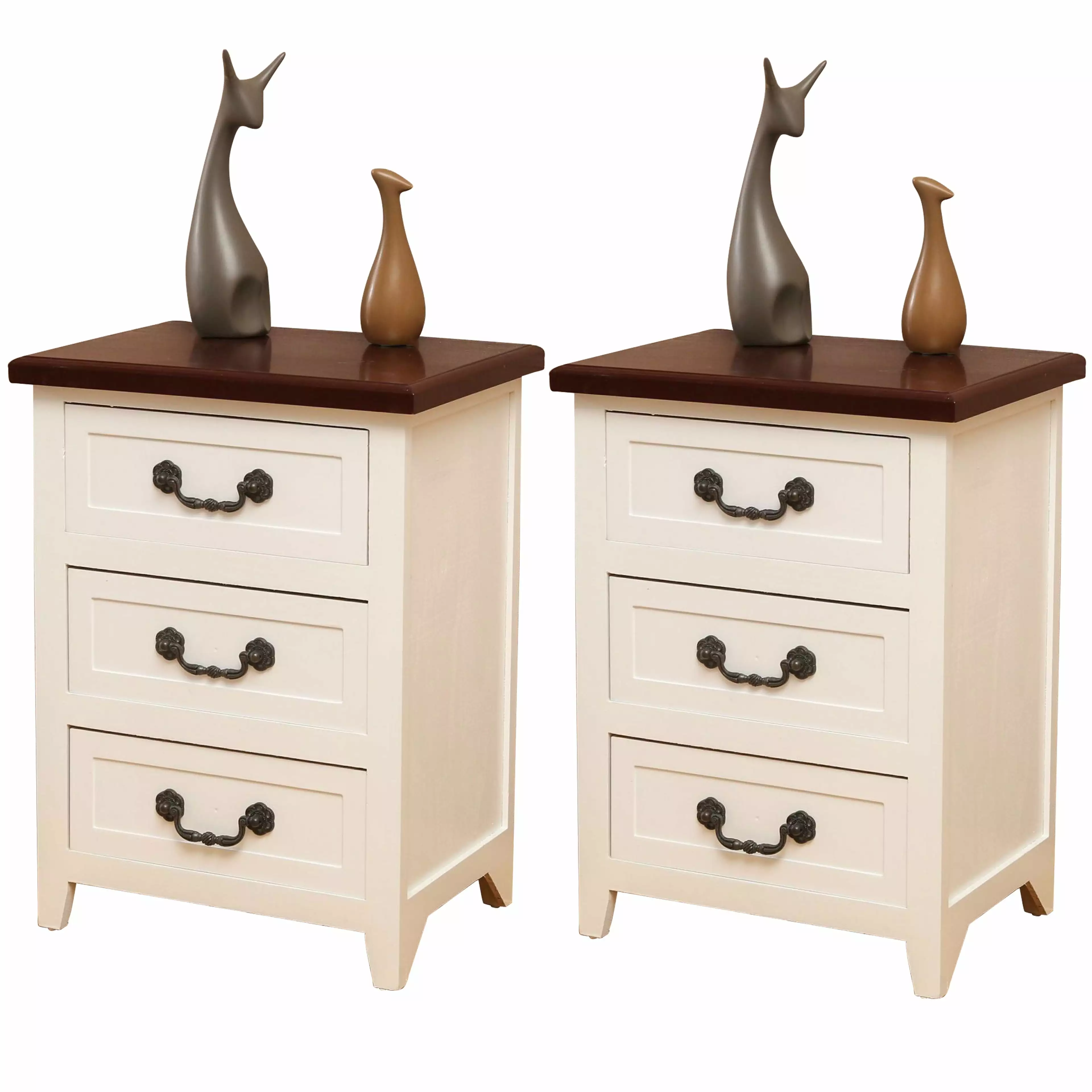 Set 2 Solid Wood Elegant 3 Drawer Nightstands Coffee Color Nesuncia