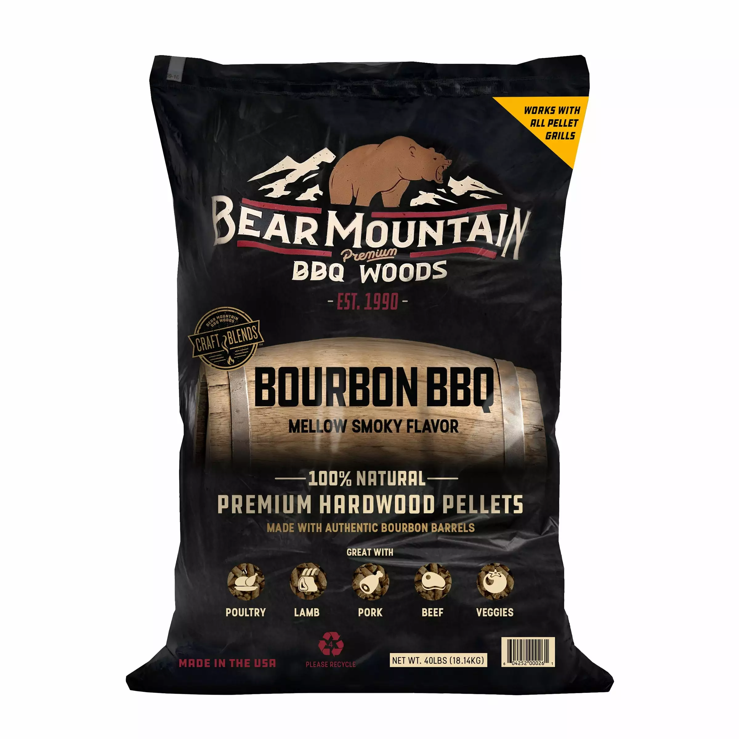 Bear Mountain BBQ Bourbon BBQ Pellets 40 Lb - All Natural Hardwood Smoker Pellets Grills and Smokers