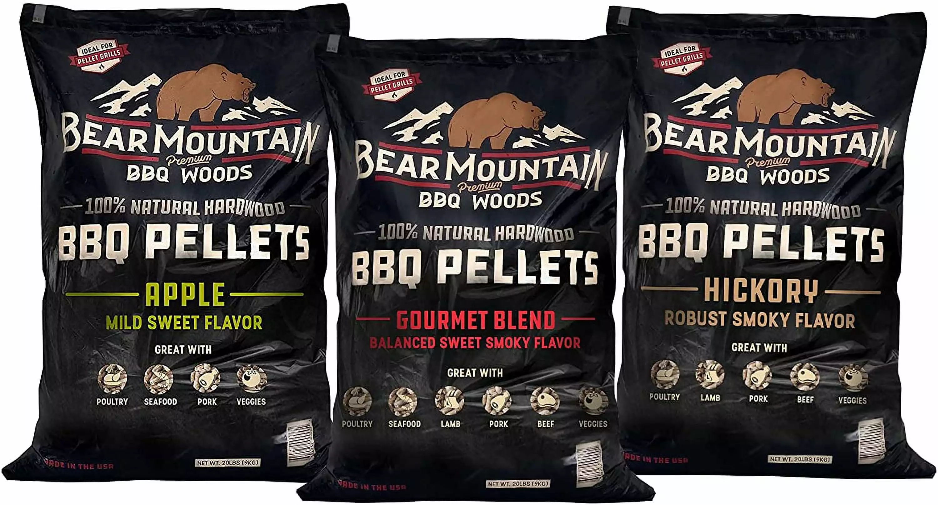 Bear Mountain BBQ 20 Pound Natural Hardwood Outdoor Grilling Smoker Pellets Gourmet Blend Hickory and Apple Smoker Flavors...