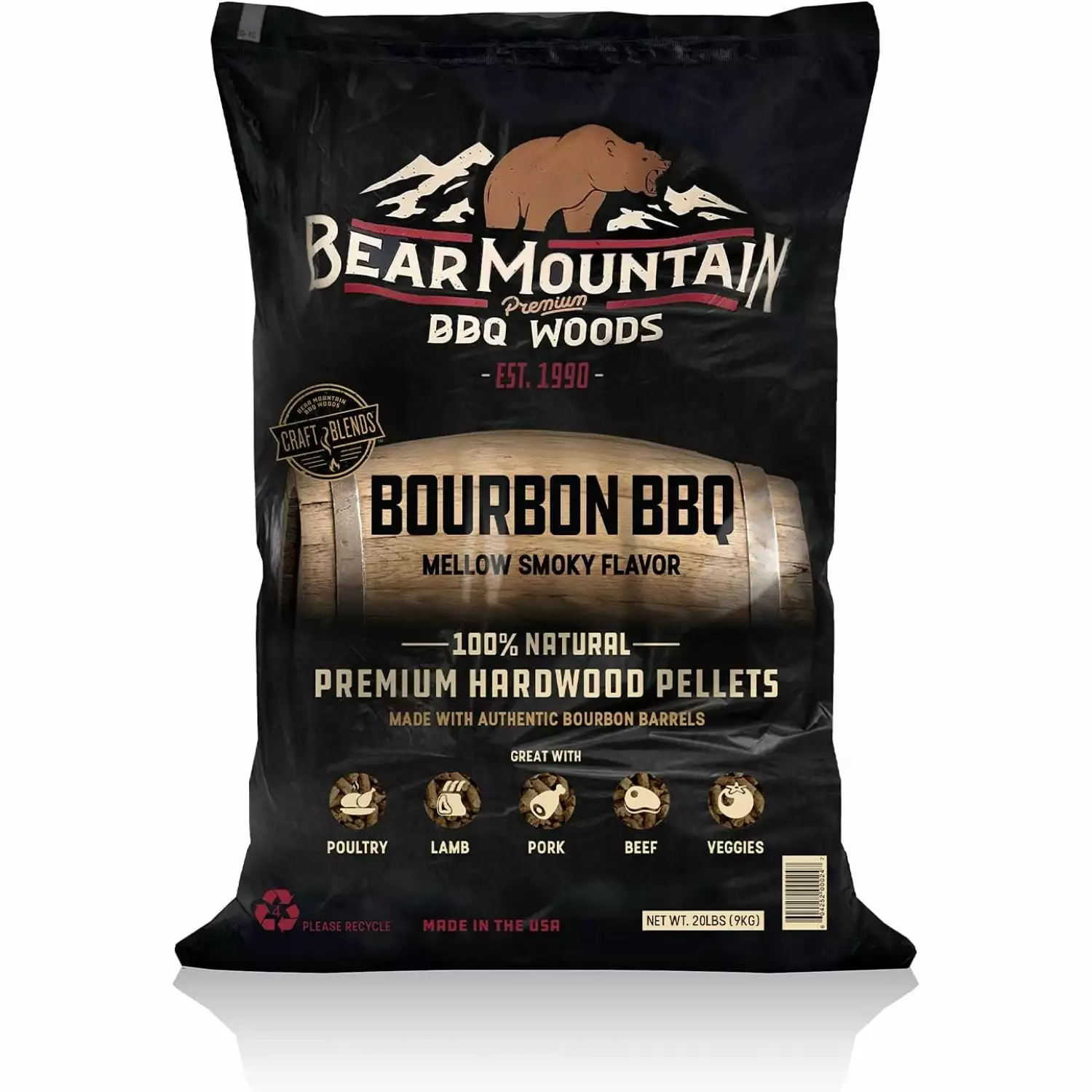 BEAR MOUNTAIN Luxury BBQ WOODS Bourbon Craft Blend Smoker Wood Chip Pellets 20 lbs