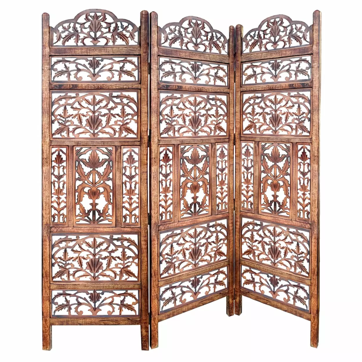 Urban Port 3 Panel Mango Wood Screen Room Divider Filigree Carvings Brown Saltoro Sherpi