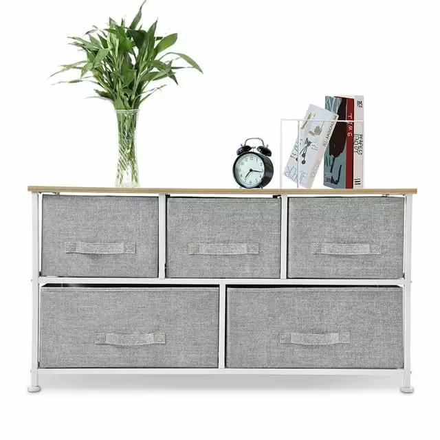 Bigroof Wide 5 Drawer Dresser Bedroom Wood Top Metal Frame Large Chest Drawers