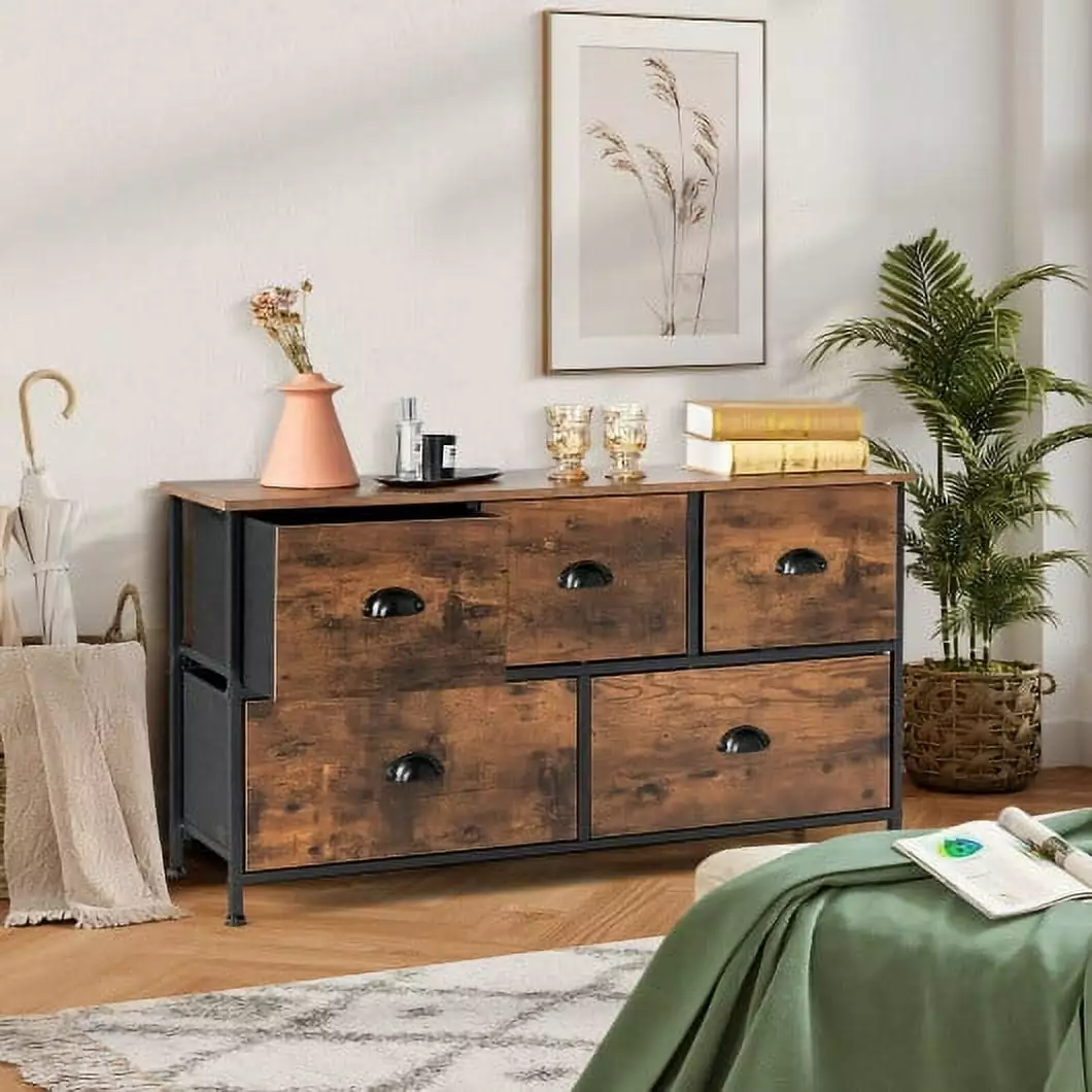 Dresser Arranger 5 Drawers and Wooden Top Rustic Brown CostwayINC