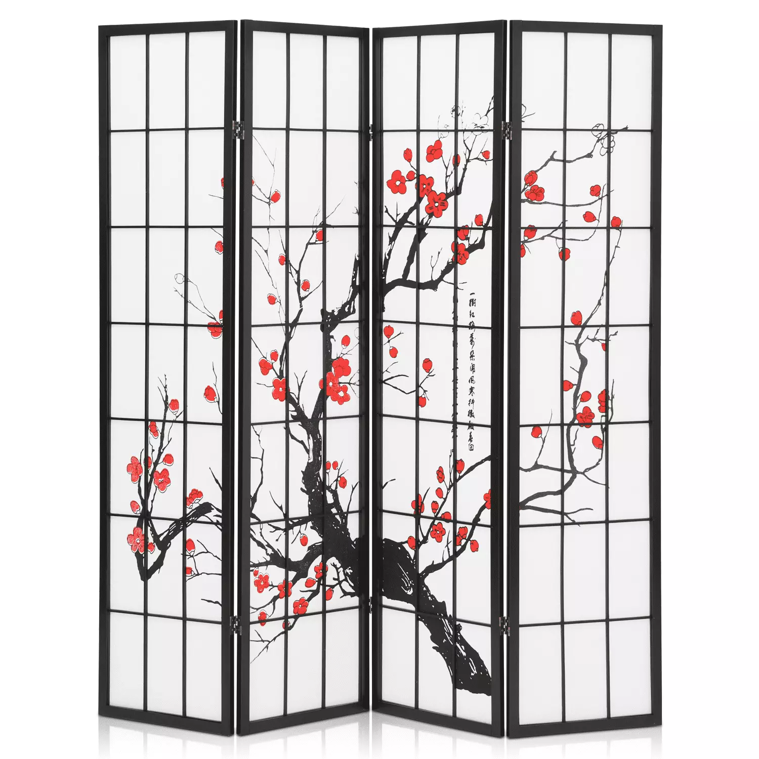 MoNiBloom 5.8 ft Tall Partition Wall Folding Room Divider 4 Panel Wood Privacy Screen Decor Japanese Plum Blossom Black