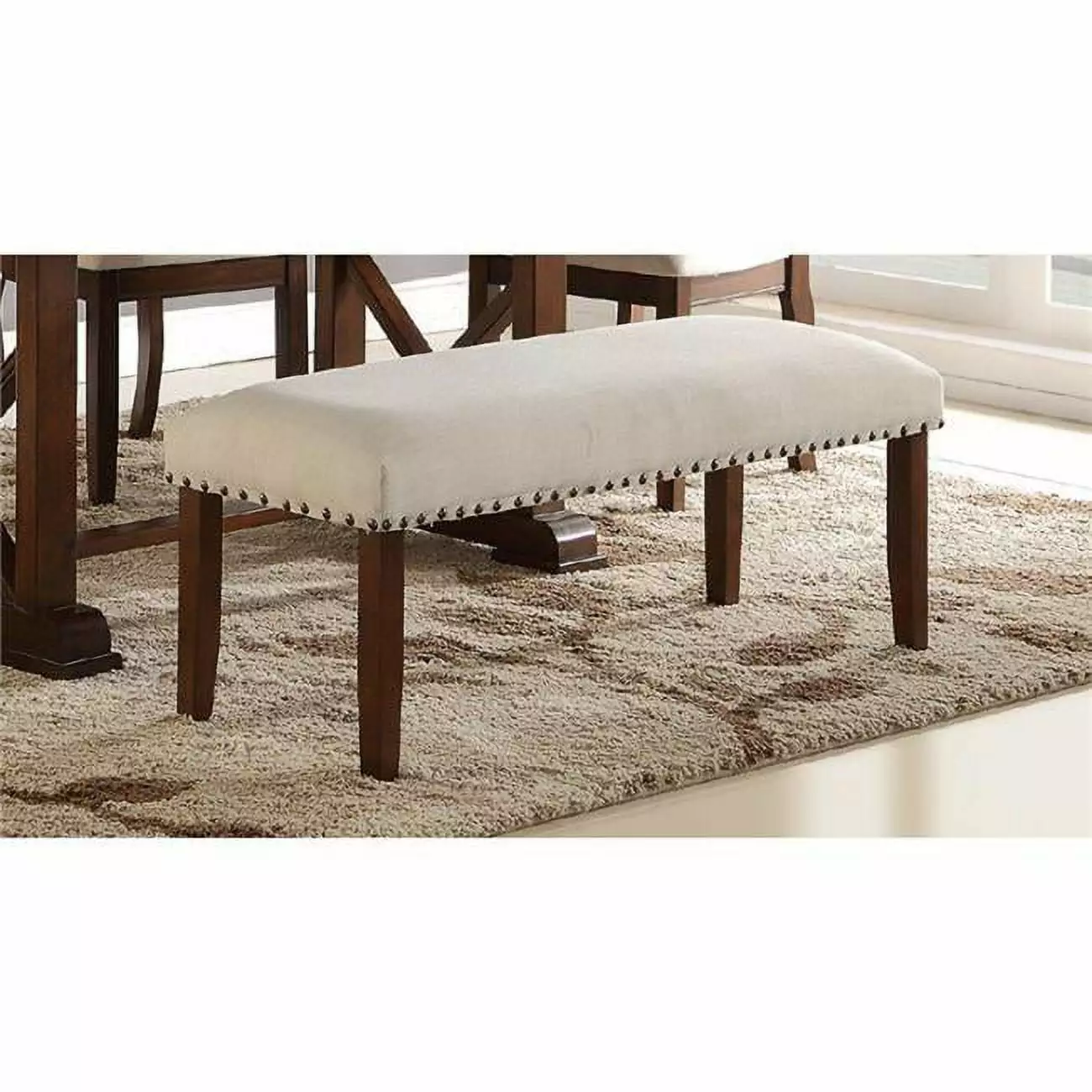 Benzara BM171246 Rubber Wood Bench Nail Trim Head Design Brown & Cream - 18 x 48 x 17 Inches Benches