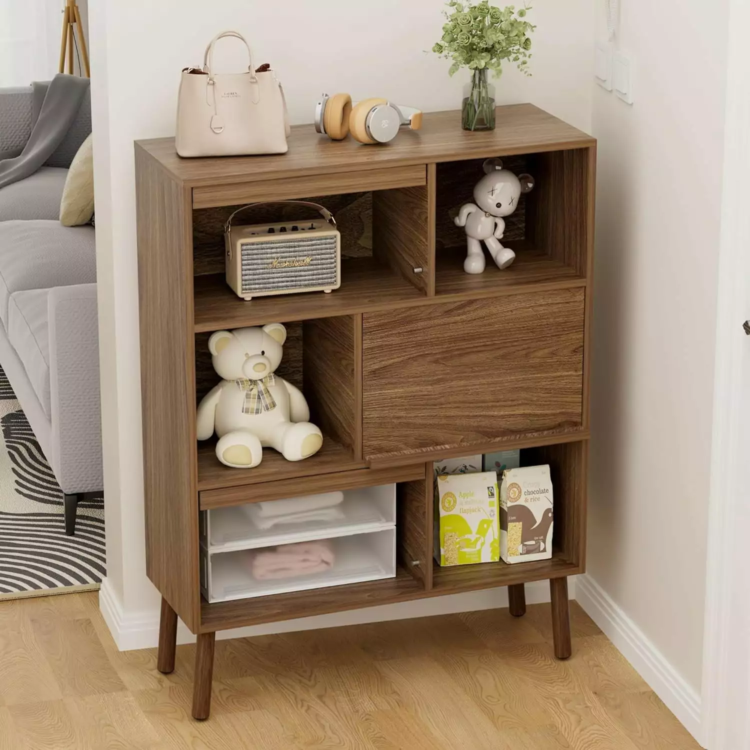 Metro Wooden Bookshelf and Display Cube Small Bookcase Doors 6 Cube Organizer Wood Book Shelf Bedroom FJU