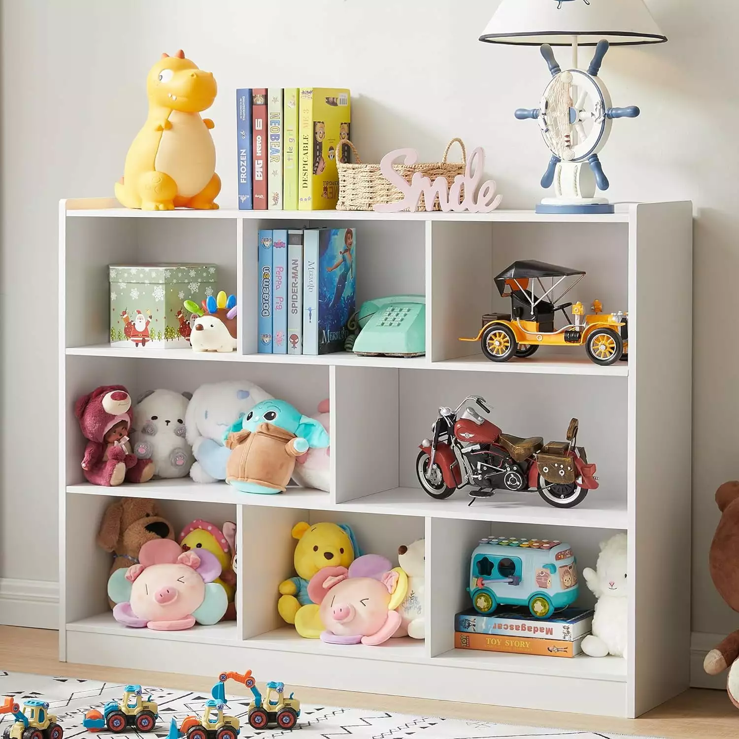 3-Tier Bookshelf White 8-Section Wooden Bookcase Storage Organizer Anti-Tilt Device Living Room Classroom Huhan