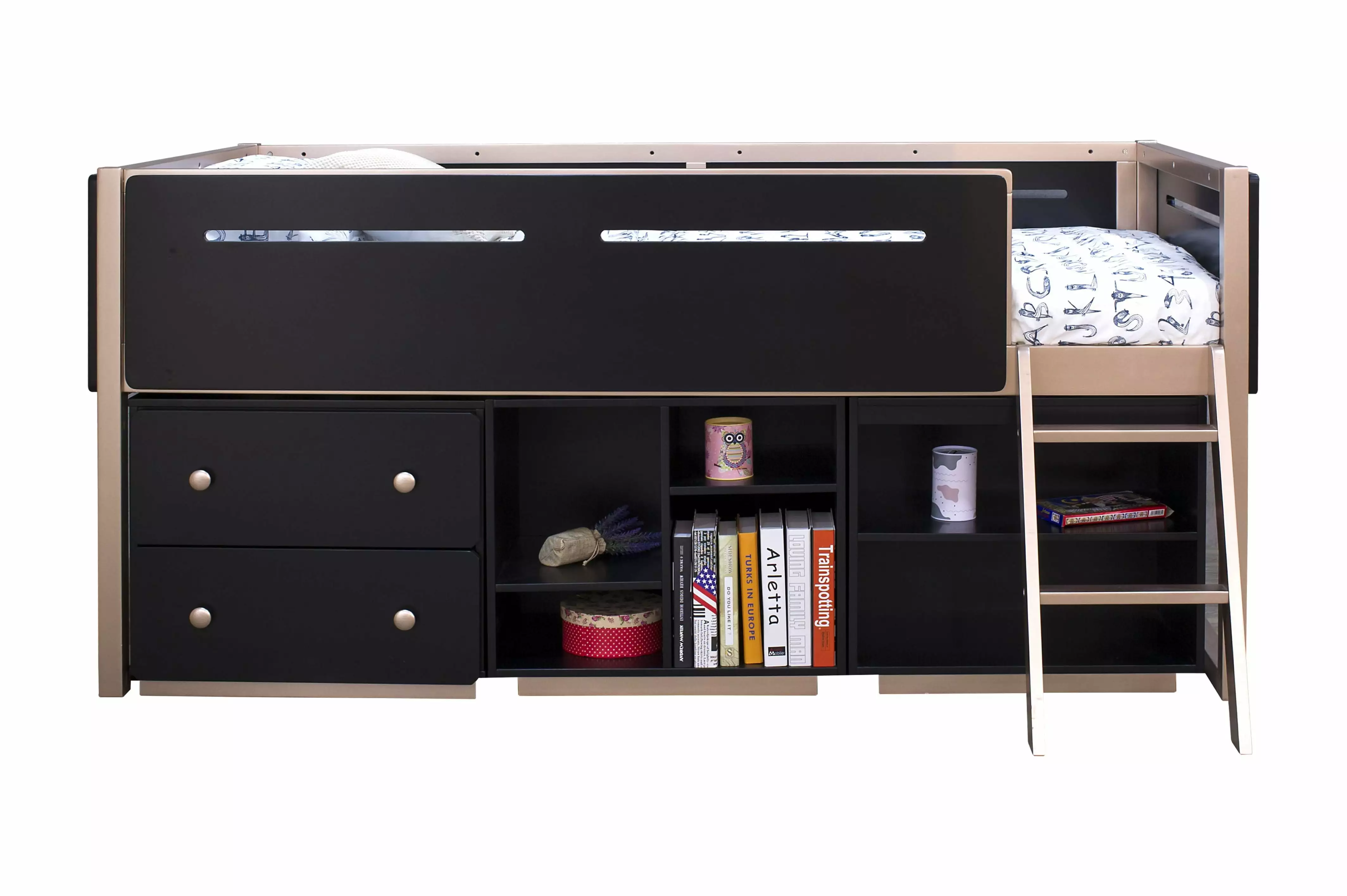 ACME Prescott Wooden Bookshelf 4 Compartments Black and Rose Gold Acme Furniture