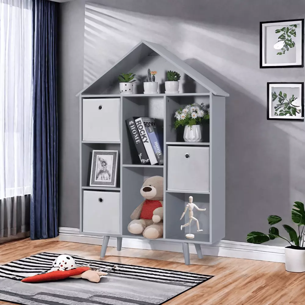 MIDODO Kids Bookshelf Wooden Bookcase 3 Storage Bins Freestanding Display Book Shelves Boys Girls