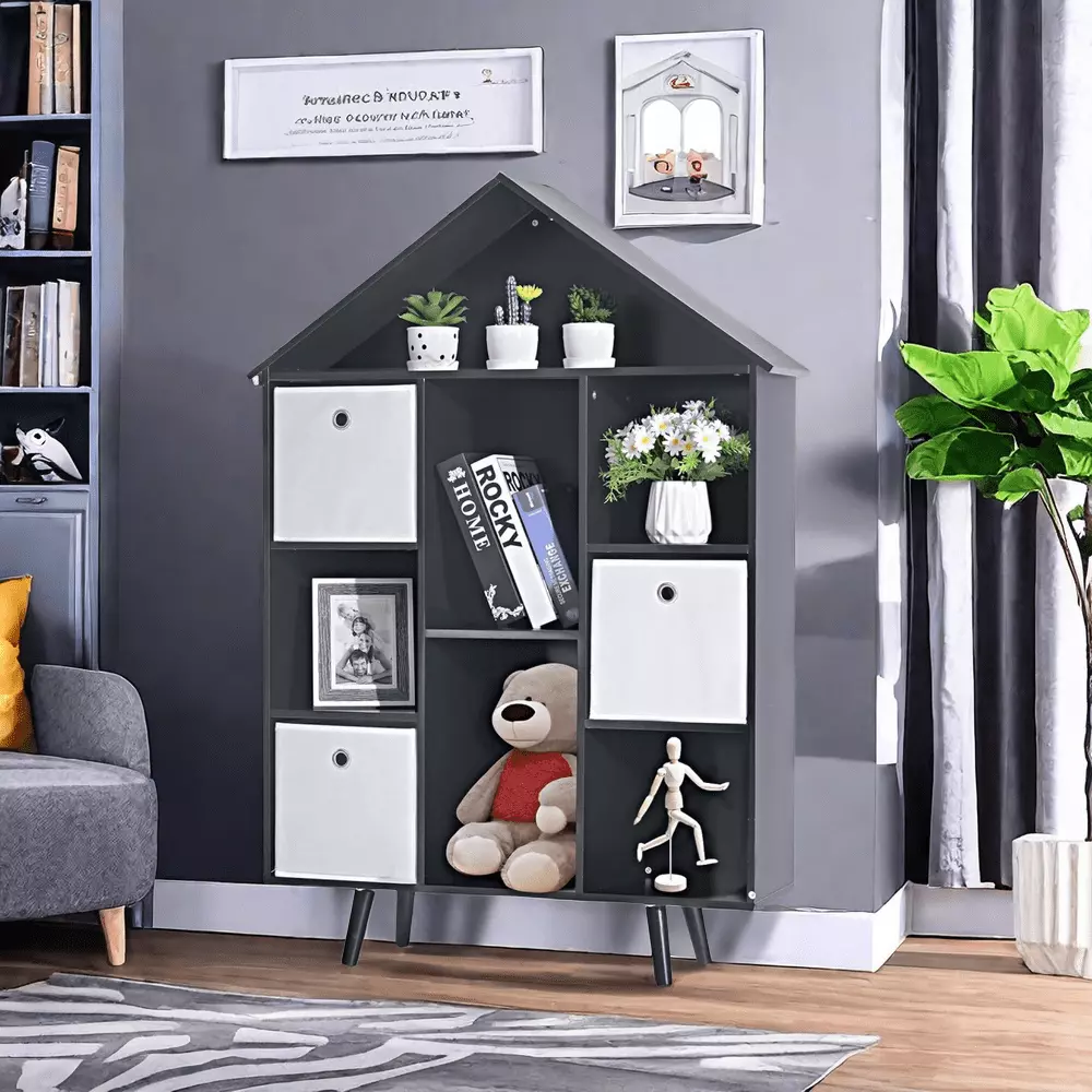 MIDODO Kids Bookshelf Wooden Bookcase 3 Storage Bins Freestanding Display Book Shelves Boys Girls