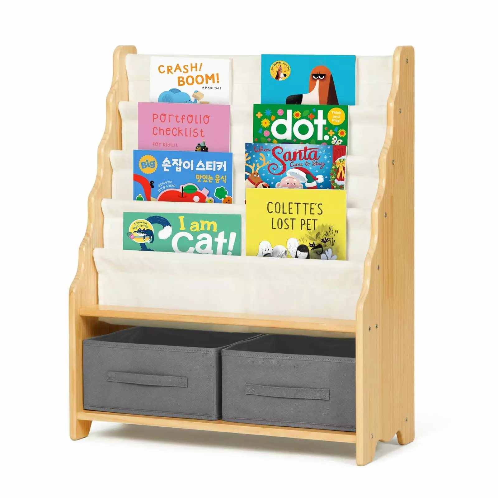 Solid Wooden Bookshelf Kids 27.6 L x 11 W x 34 H 4 Sling Bookshelves and Toy Organizer OOOK