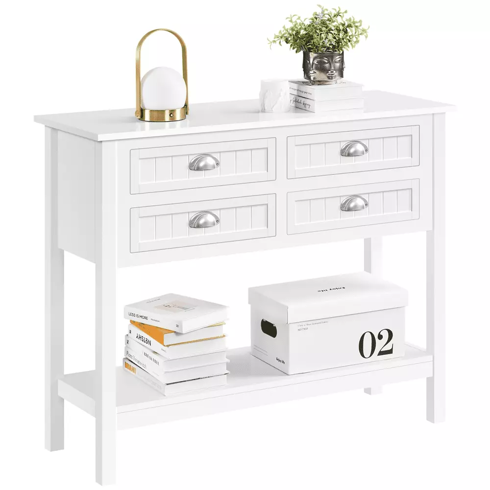 Alden Design White 4-Drawer Wooden Console Table Open Shelf Entryway Console