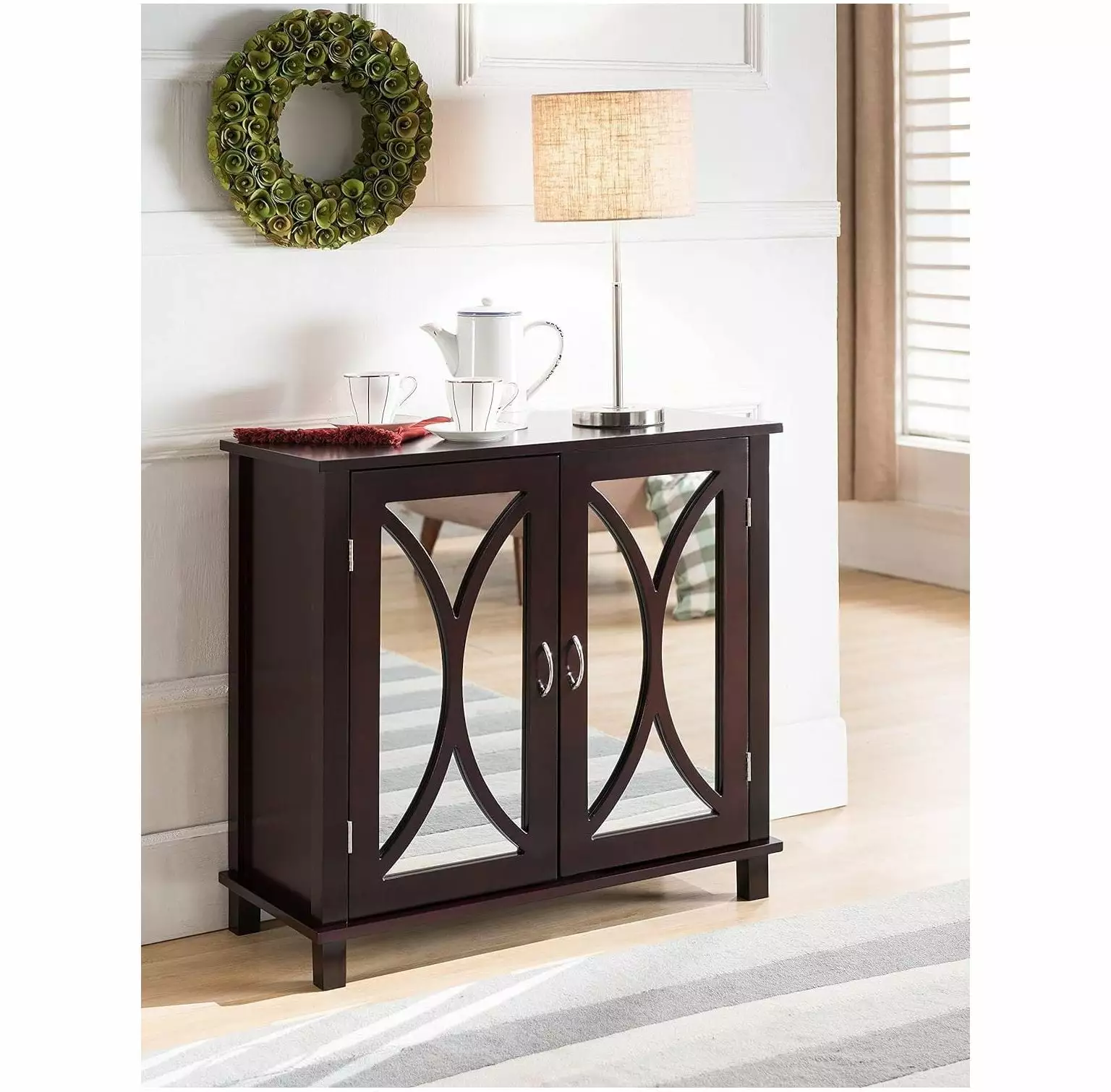 King Brand Marietta Espresso Wood Entryway Console Sofa Table Mirrored Doors Console Cintbllter