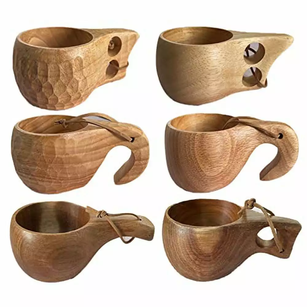 TANFEI 6 Pack Wooden Cup Kuksa Cup Handmade Wooden Camping Cup Portable Outdoor Drinking Cup Coffee Tea and Milk Wooden Cu...