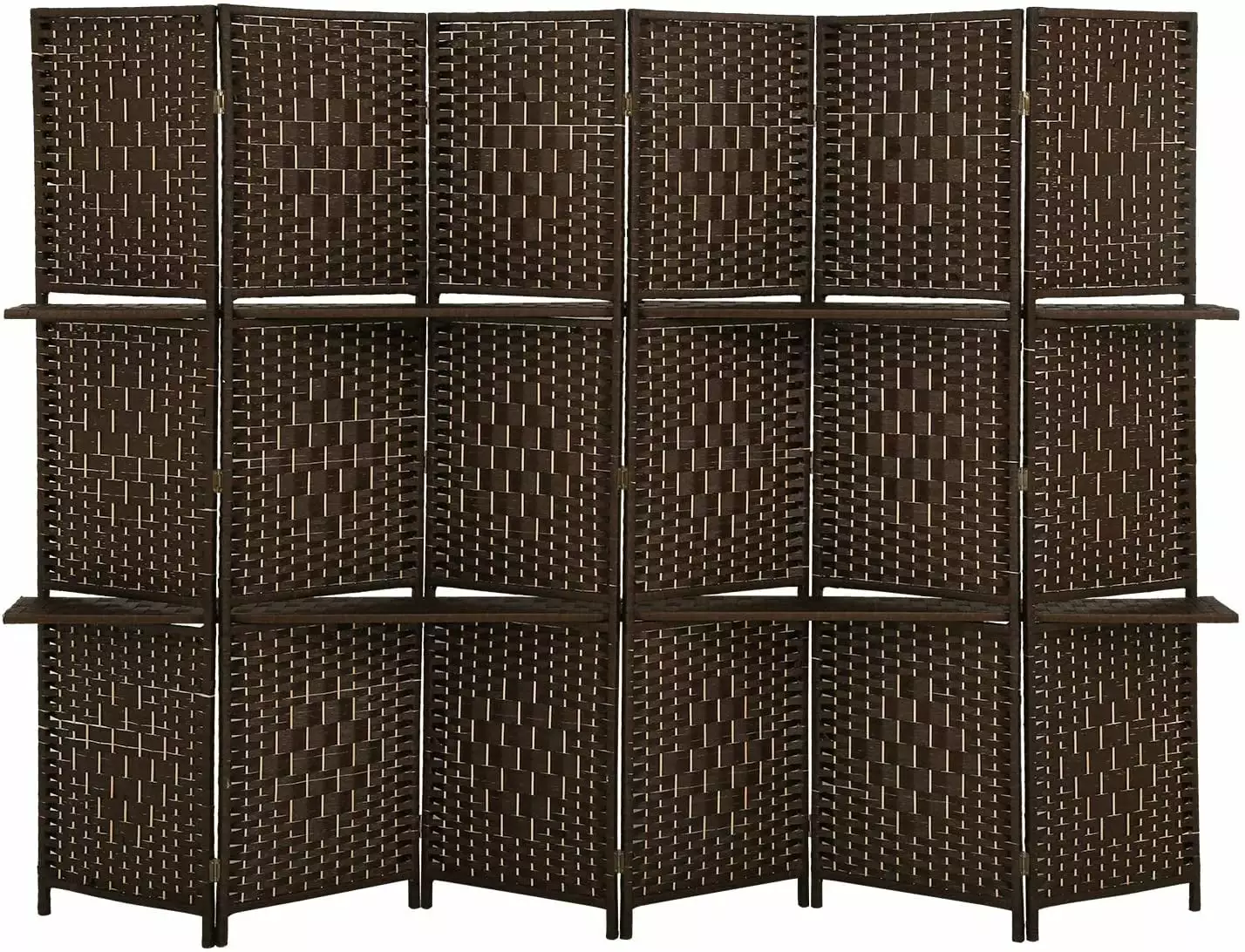 6-Panel Wood Room Divider Removable Storage Shelves Brown FDW