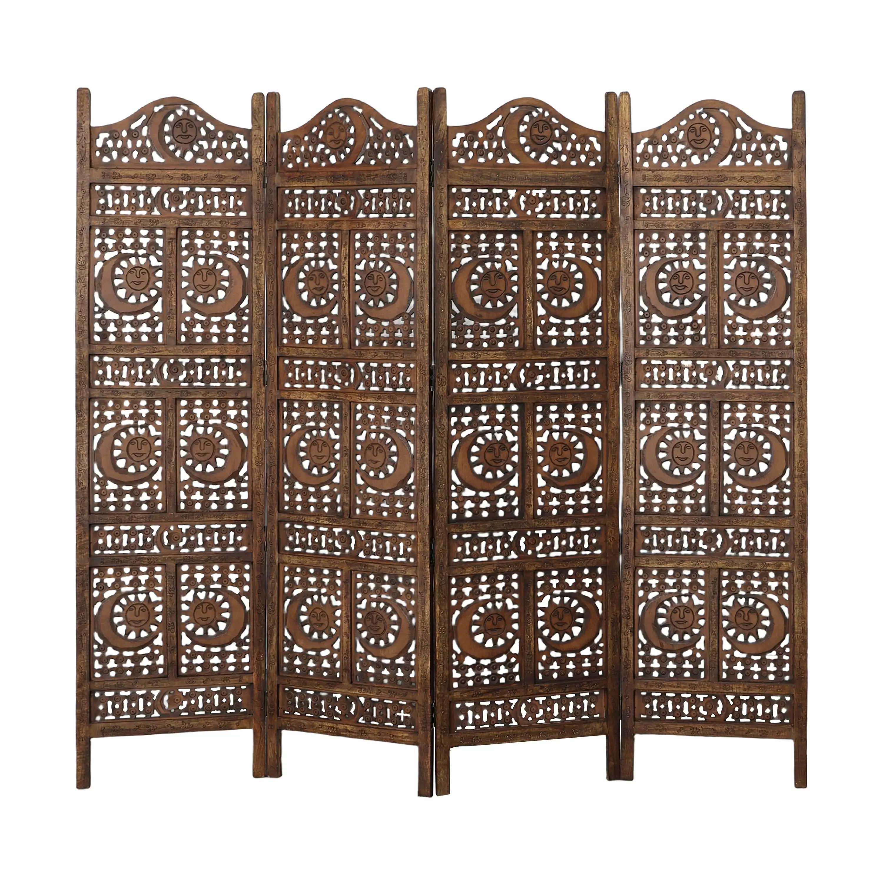 MAICOSY Hand Carved Sun And Moon Design Foldable 4 Panel Wooden Room Divider Brown