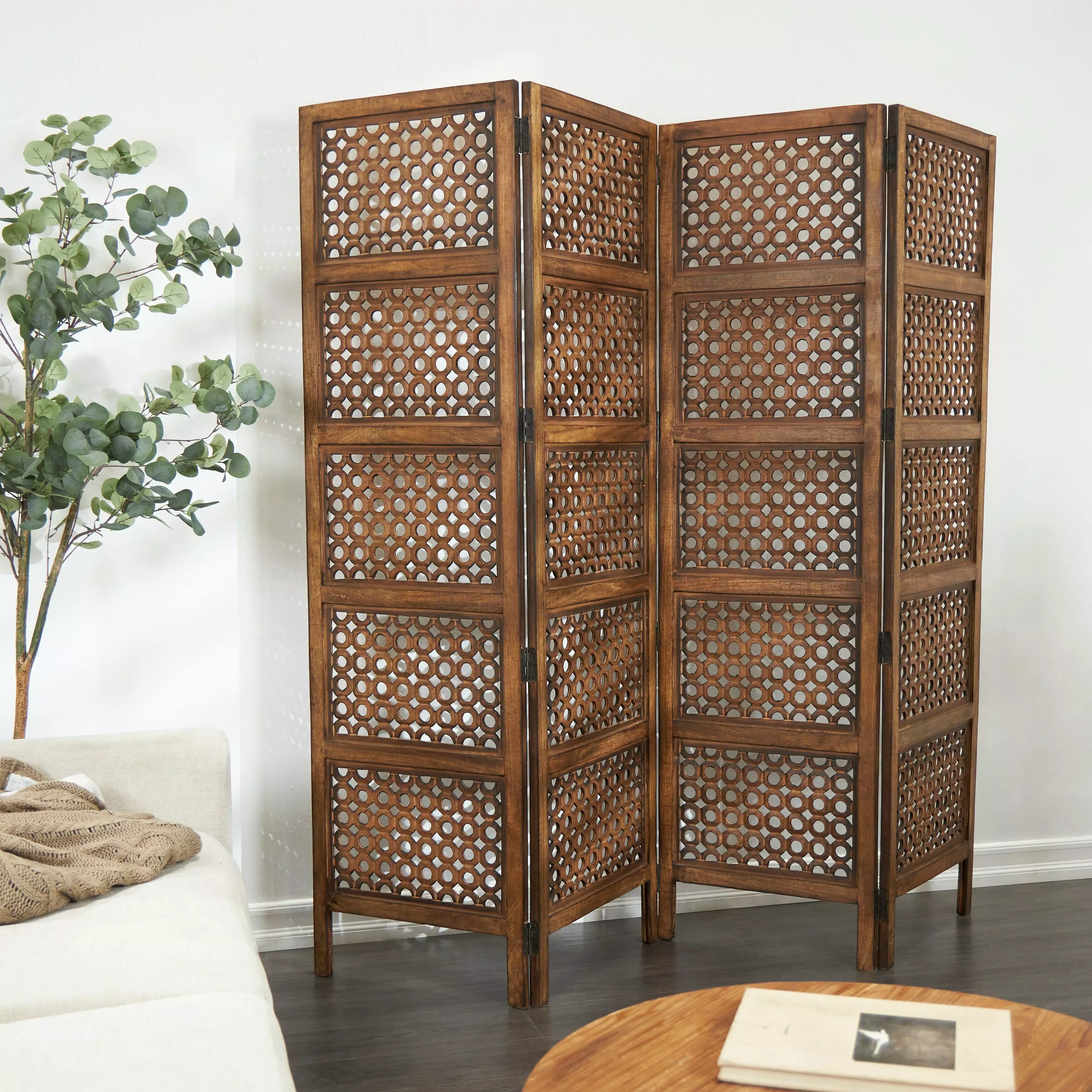 Studio 350 Brown Wooden Handmade 4 Panel Floral Room Divider Carved Designs