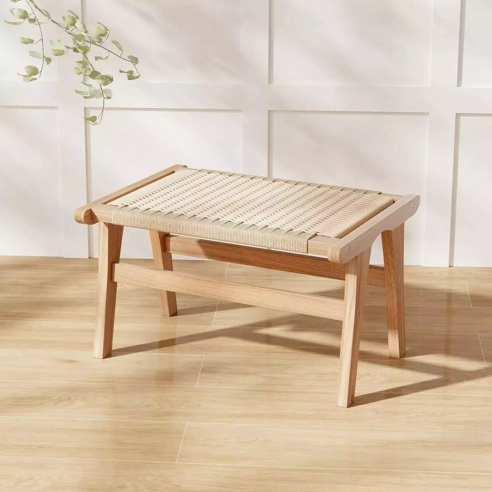 Laicejoy Natural Teak Wood Ottoman Footstool Braided Rope Living Room Bedroom 14 Inch Ottomans