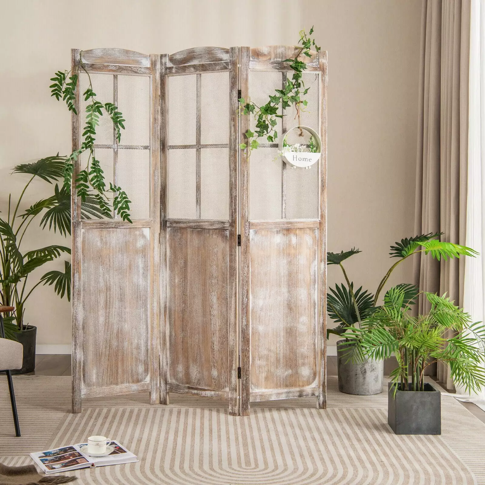 Amijoy 3 Panel Folding Room Divider Natural Rustic Paulownia Wood Frame Privacy Screen 6 Foot