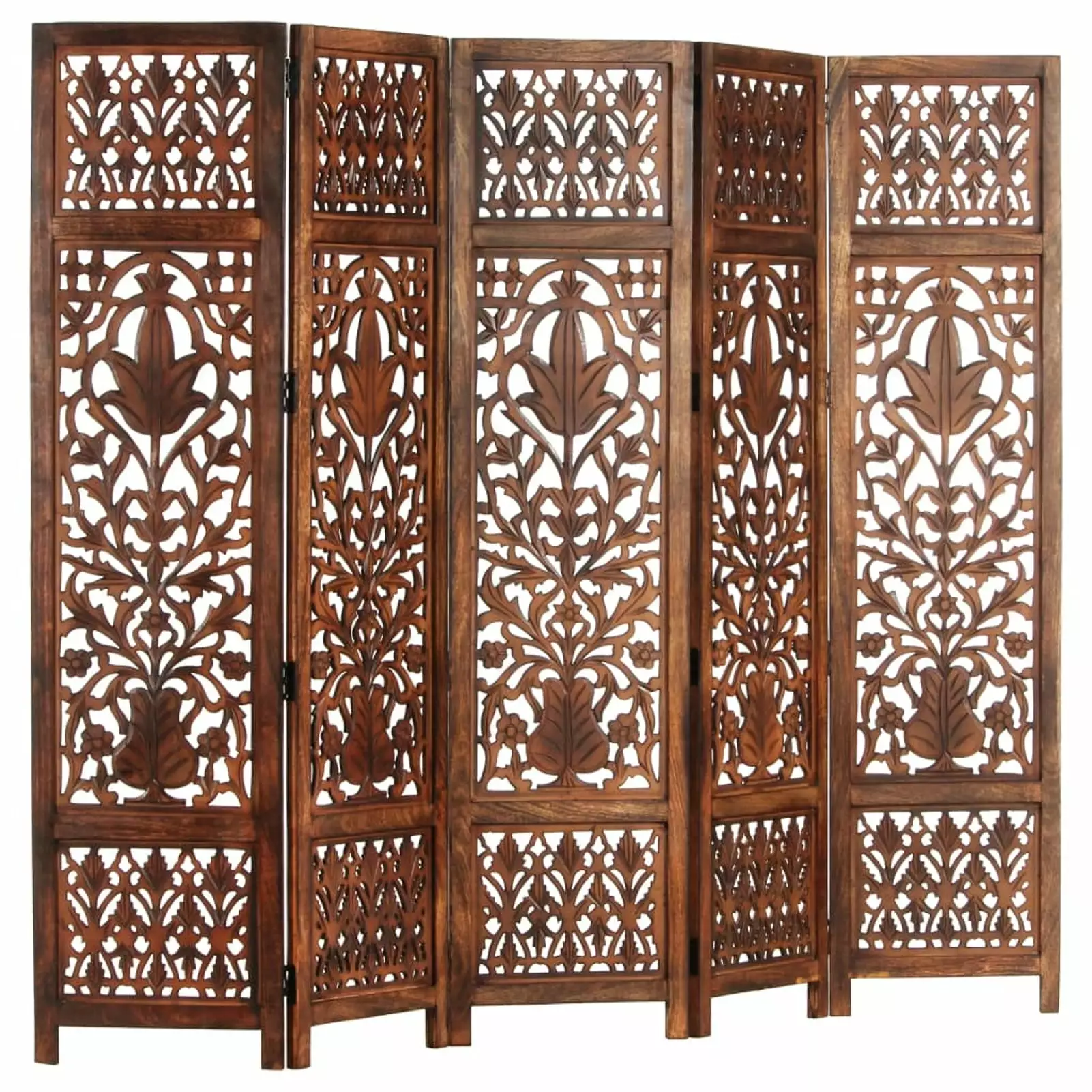Anself 5 Panel Folding Room Divider Mango Wood Hand Carved Freestanding Partition Screen 78.7x65 Inches