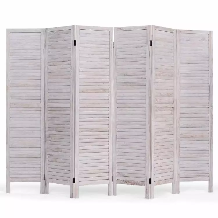 6-Panel Timeless Louver Slatted Room Divider Screen White Wood Finish - Modern Folding Partition Generic