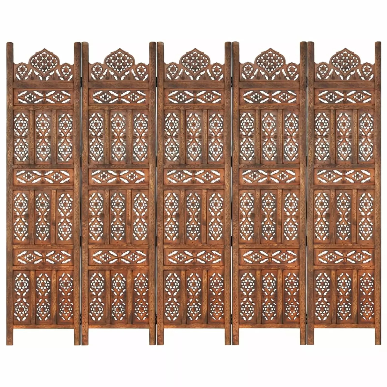Irfora Hand Carved 5-Panel Room Divider Brown 78.7x65 Solid Mango Wood Freestanding Partition Screen