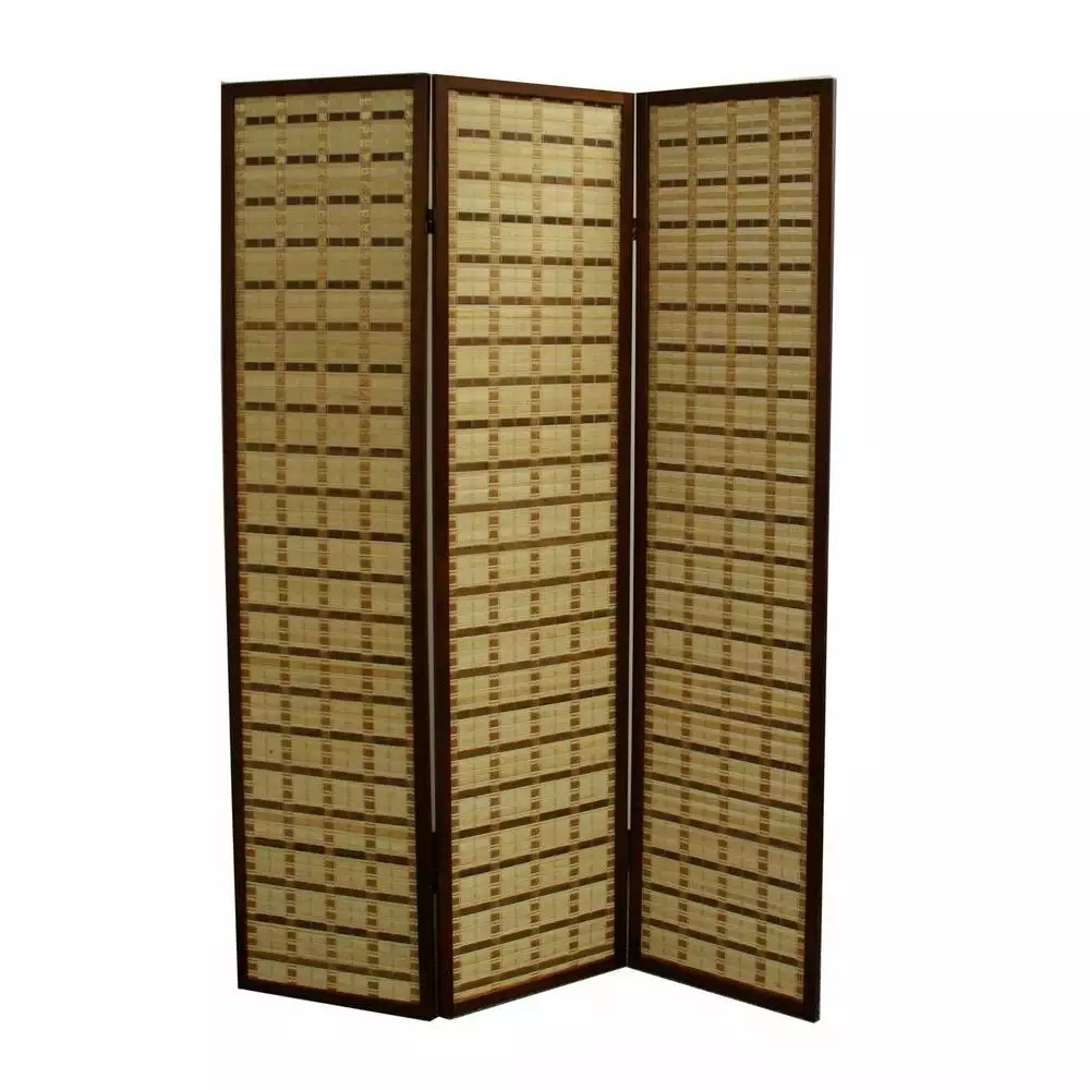 Wood and Bamboo Two Tone 3 Panel Room Divider Brown Saltoro Sherpi Freestanding Partition