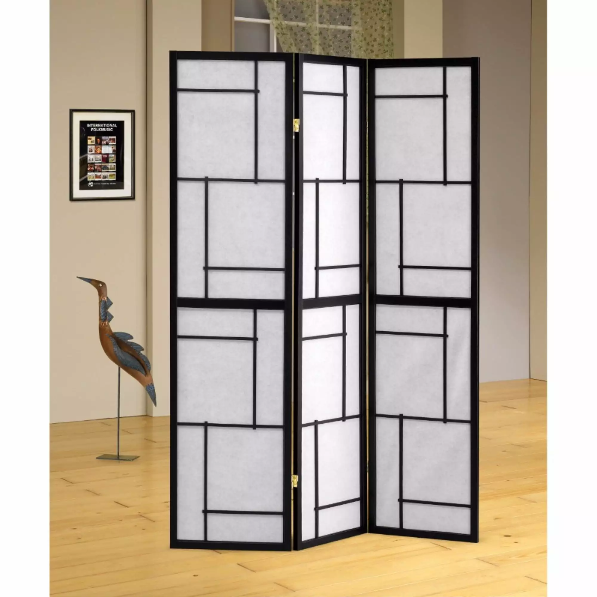 Chic 3 Panel Wooden Folding Screen Room Divider Black Modern Privacy Partition Benzara