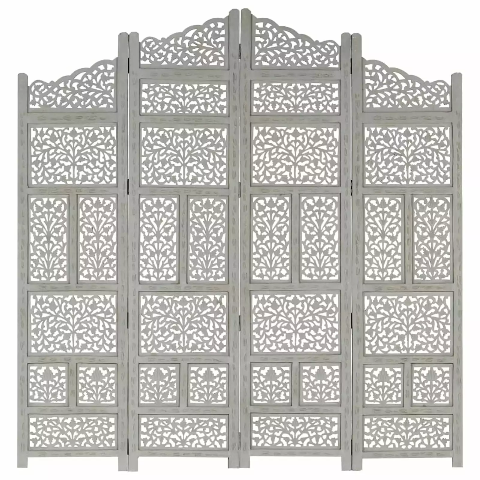 Anself Hand Carved 4 Panel Room Divider Mango Wood Foldable Screen 63x65 Inches iKayaa