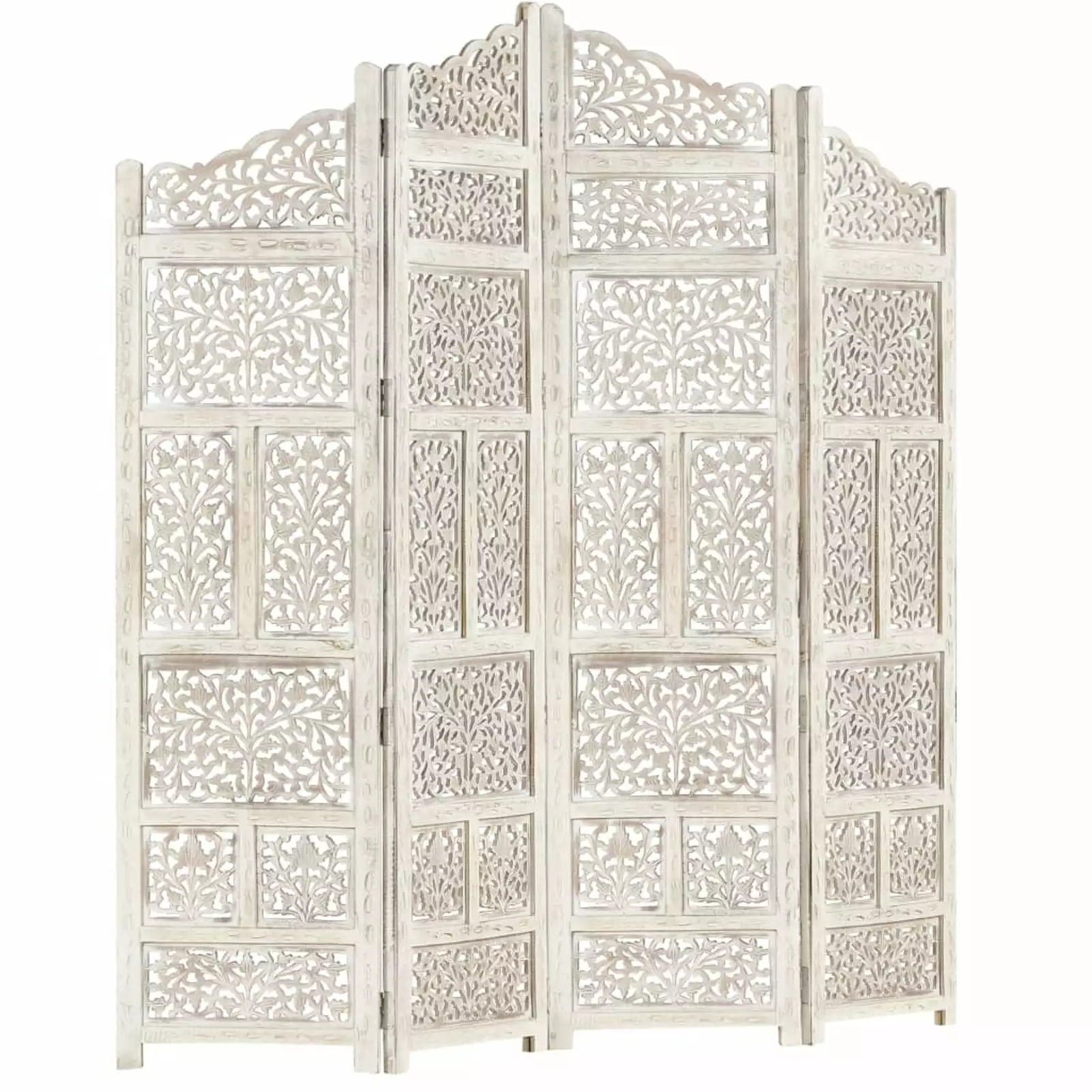 Irfora Hand Carved Wooden Room Divider White 63x65 4 Panel Screen