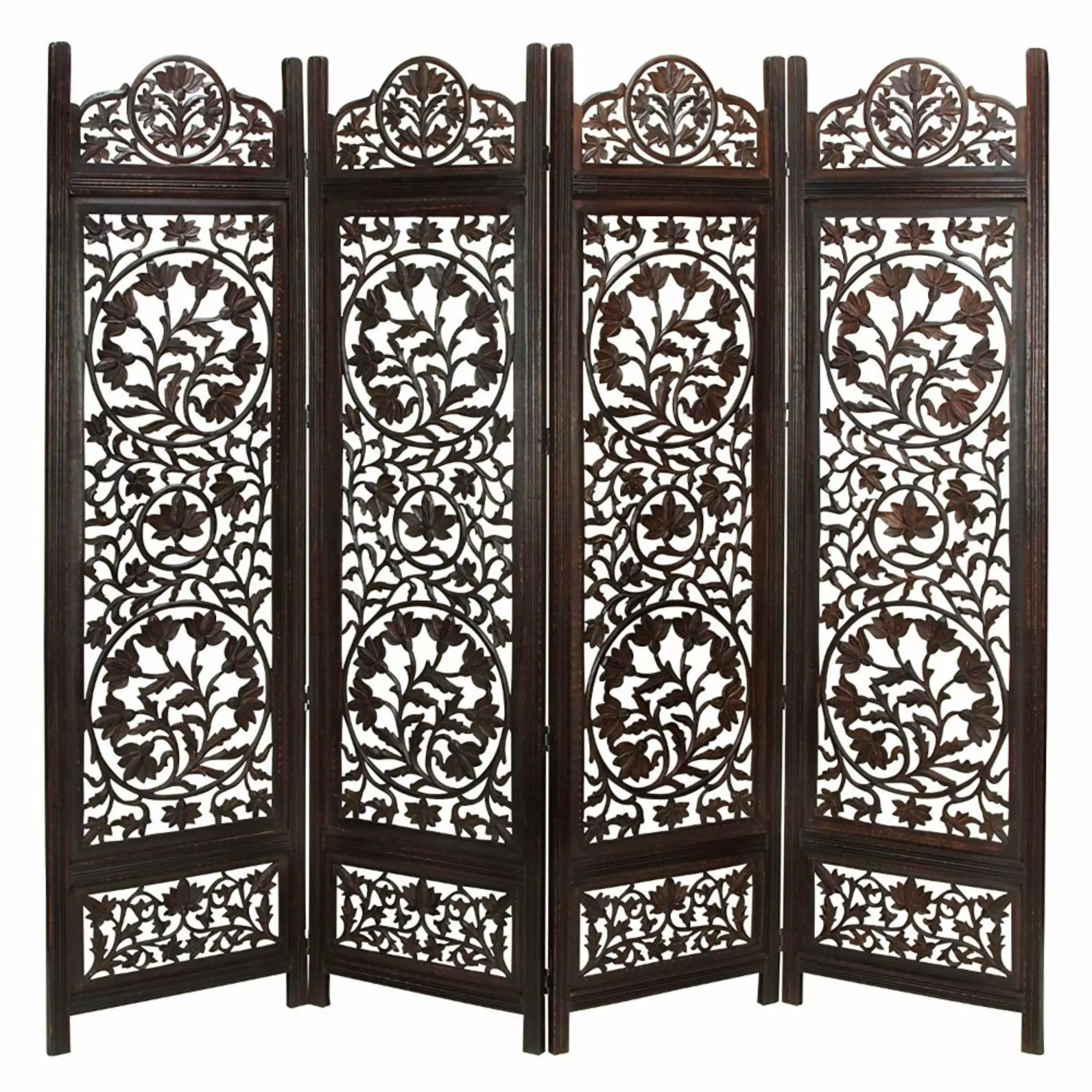 MAICOSY Artisan-made Wooden 4 Panel Room Divider Screen Reversible Lotus Pattern