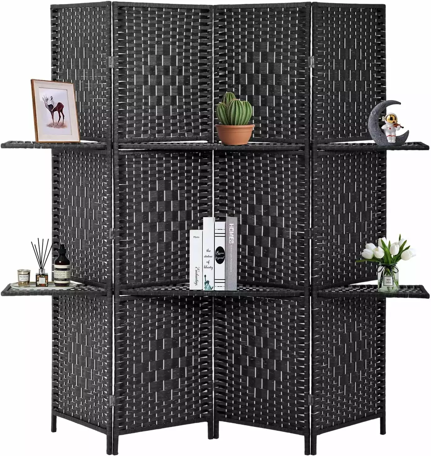 Wooden 4 Panel Room Screen Divider Removable Storage Shelves Travel-friendly Partition Black PayLessHere