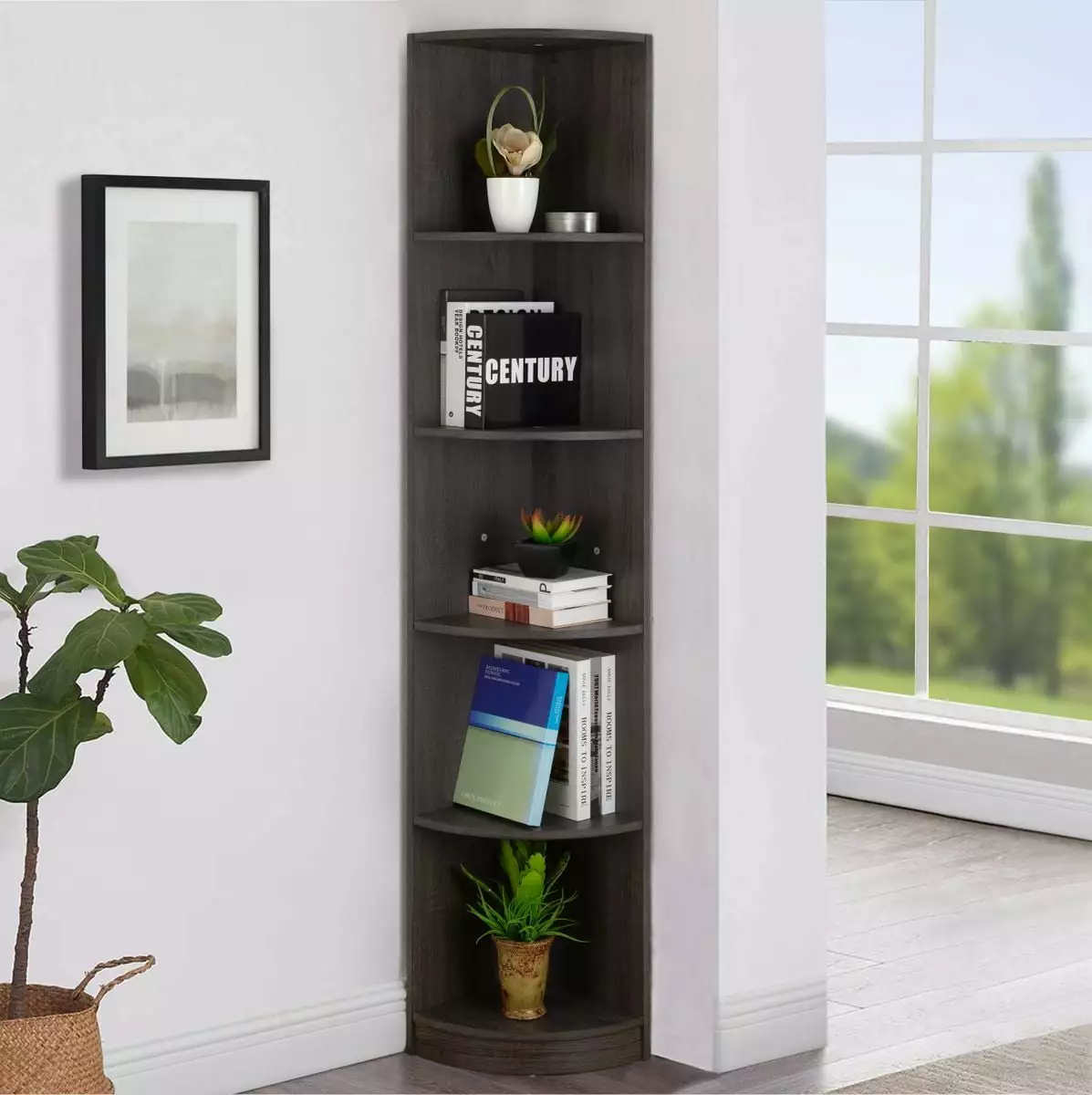 FC Design 5 Tier Wooden Corner Bookcase Distressed Grey Display Shelf Living Room Home Office