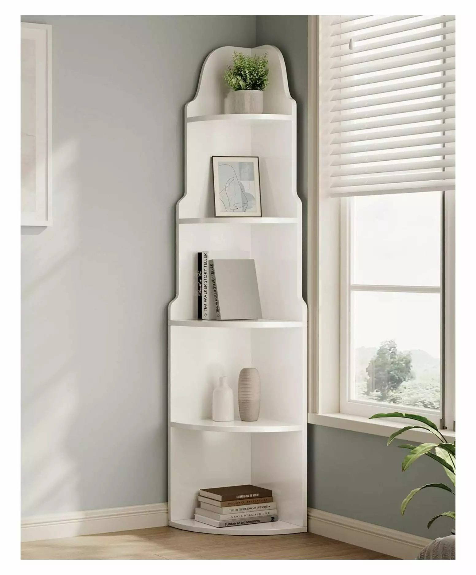 ZHANGHU 5-Tier Corner Bookshelf 68.9 Tall Modern White Storage Shelf Rack All Wooden Display Shelf Living Room Bedroom
